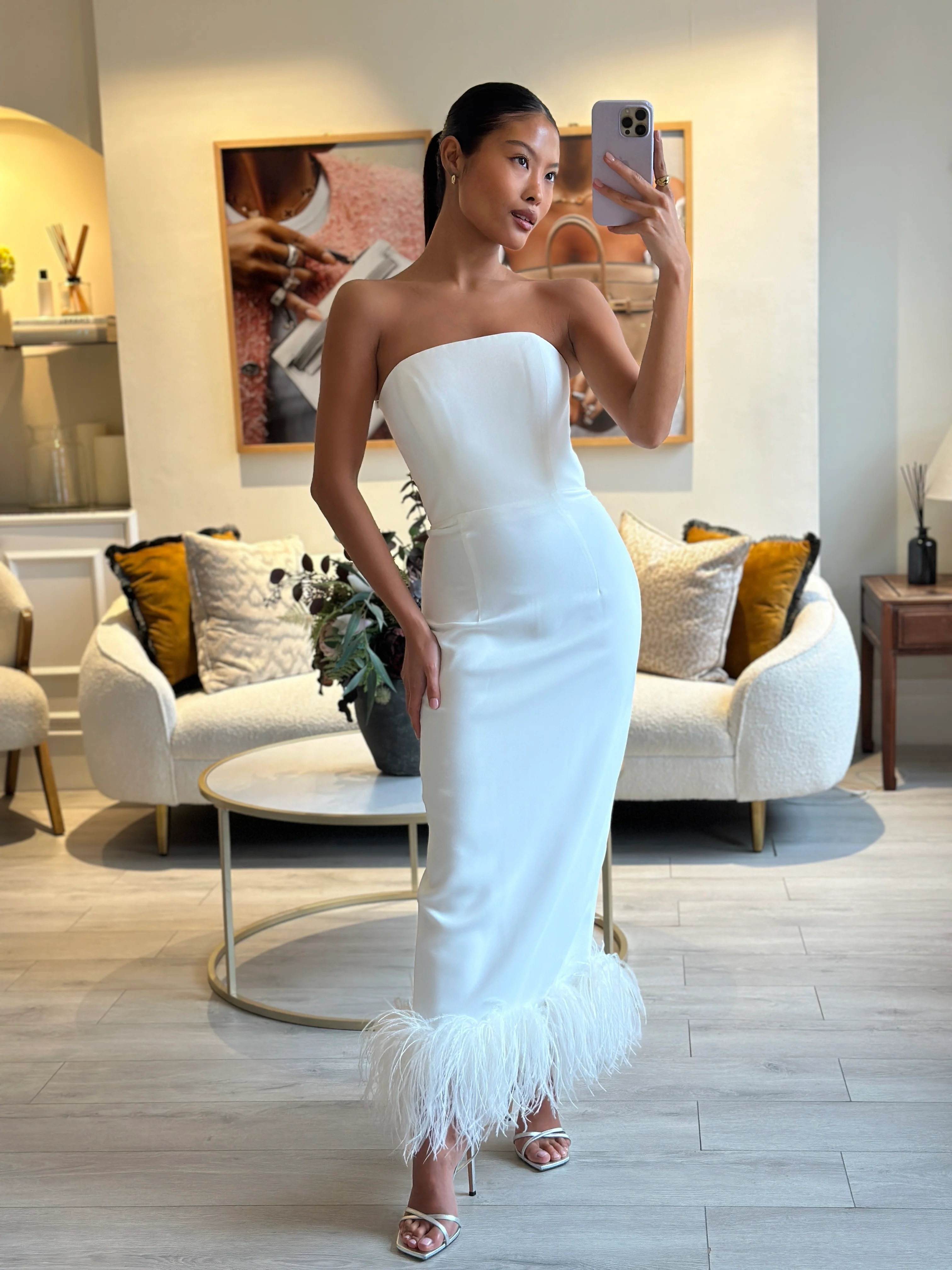 16Arlington White Minelli Strapless Midi Dress with Feather Trim Detail Size FR 34 (UK 6) - Image 9