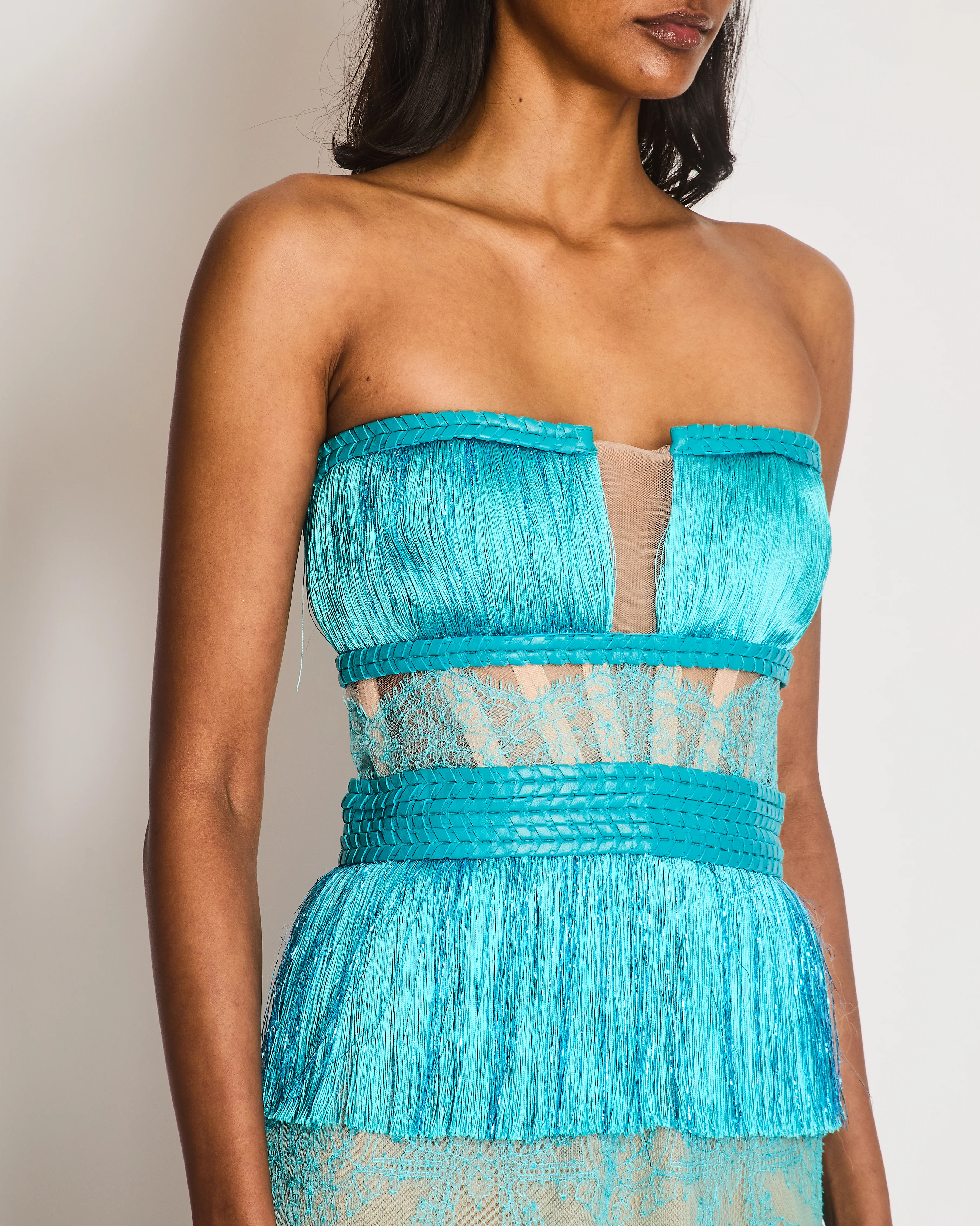 Aadnevik Blue Fringed Bustier Mini Dress with Leather Trims and Lace Details Size XS (UK 6) - Image 4