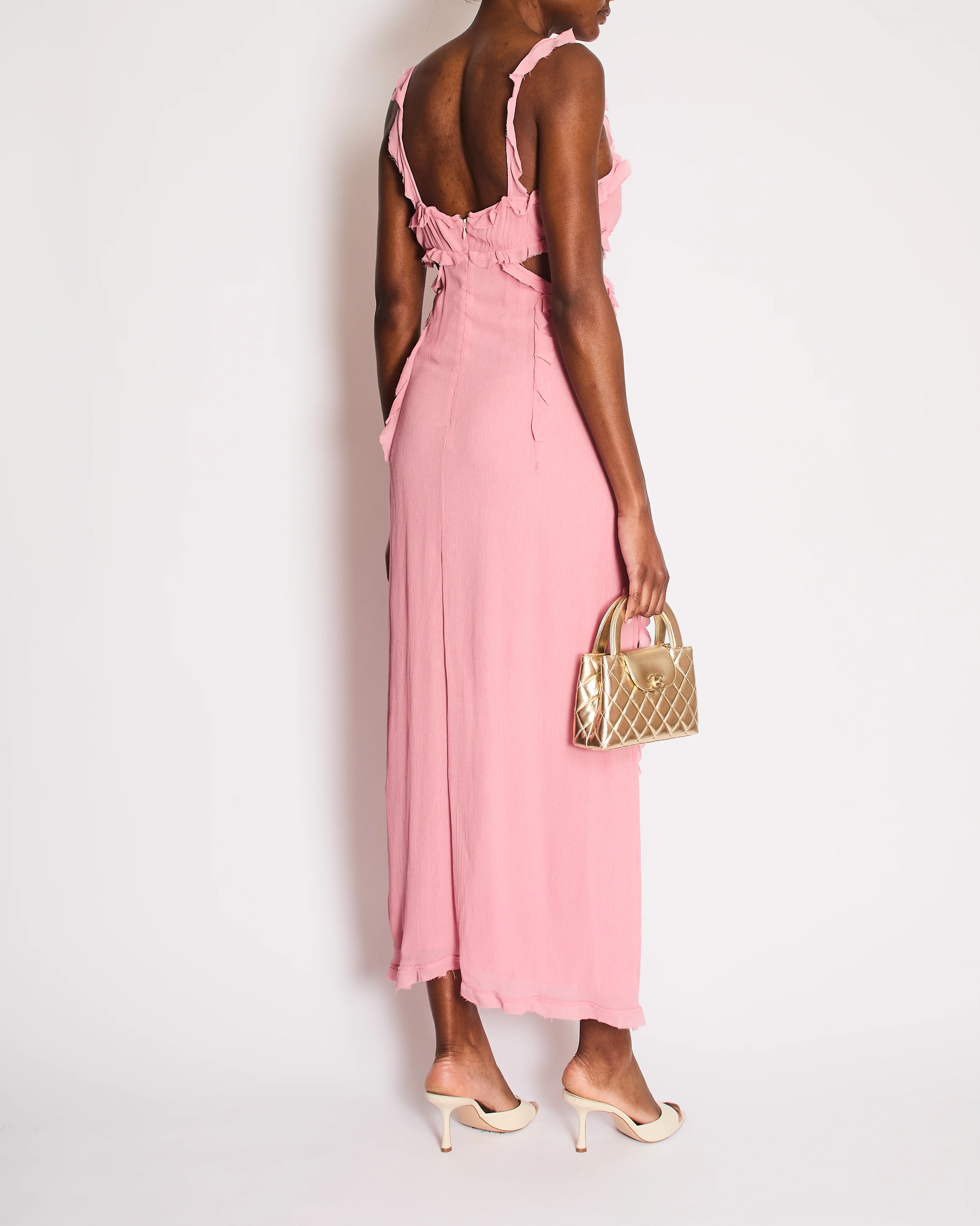 Acne Studios Pink Crinkled Chiffon Mini Dress With Cut Out & Frill Detail FR 38 (UK 10) - Image 4