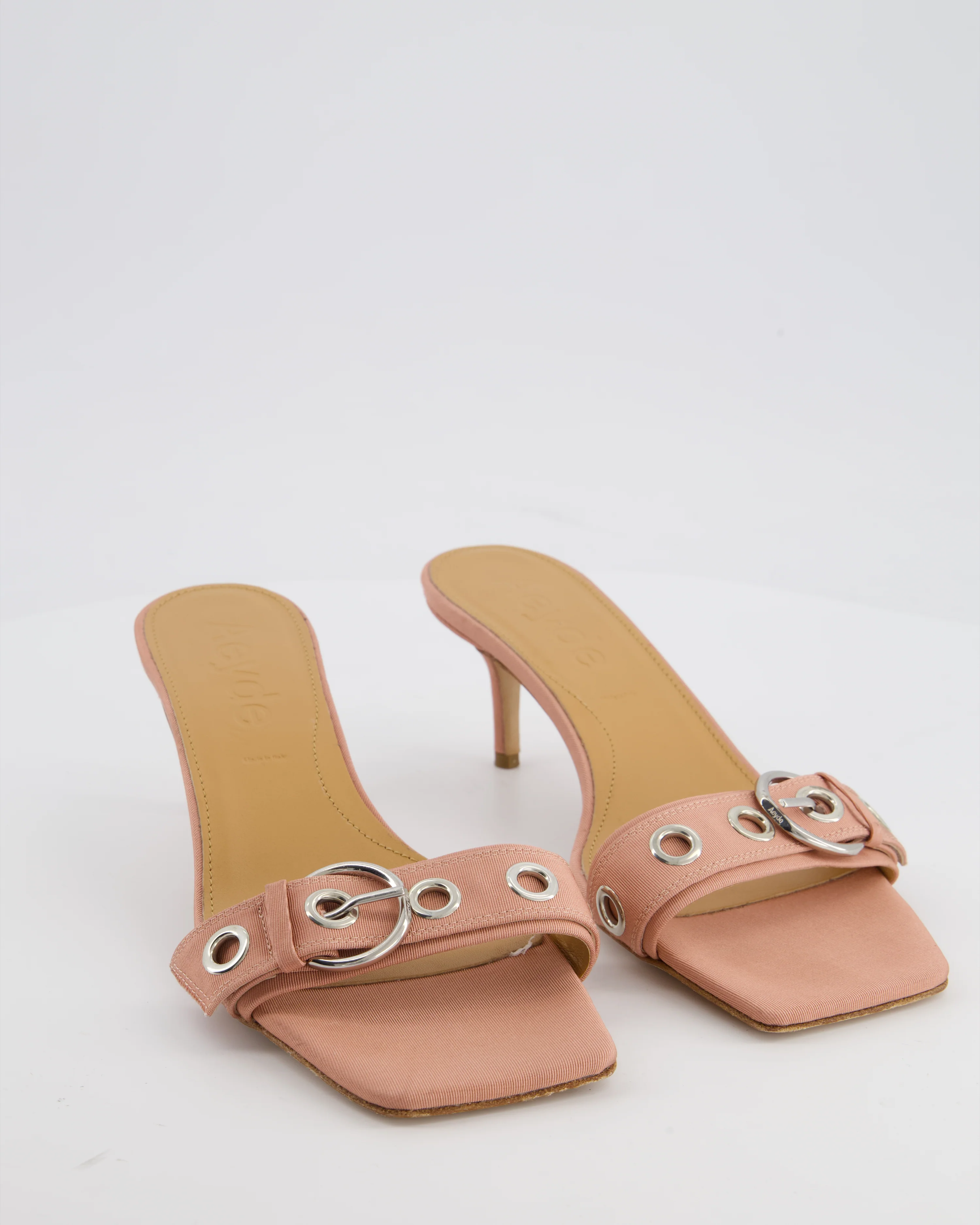Aeyde Pink Satin Ilvy Eyelet Buckle Grosgrain Mules Size EU 40 - Image 2