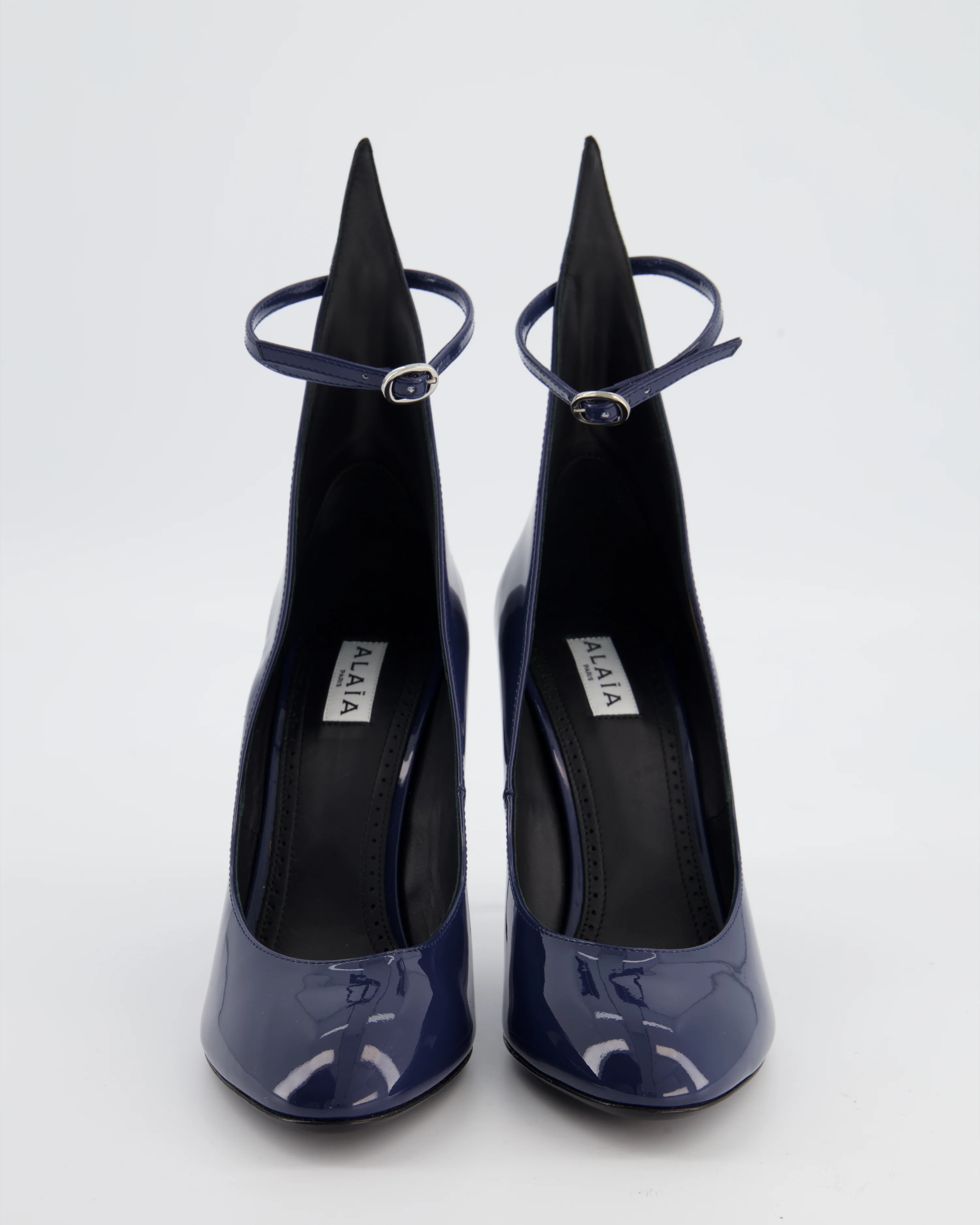 Alaïa 90 Navy Patent-Leather Heeled Pumps with Ankle Detail Size EU 38 - Image 3