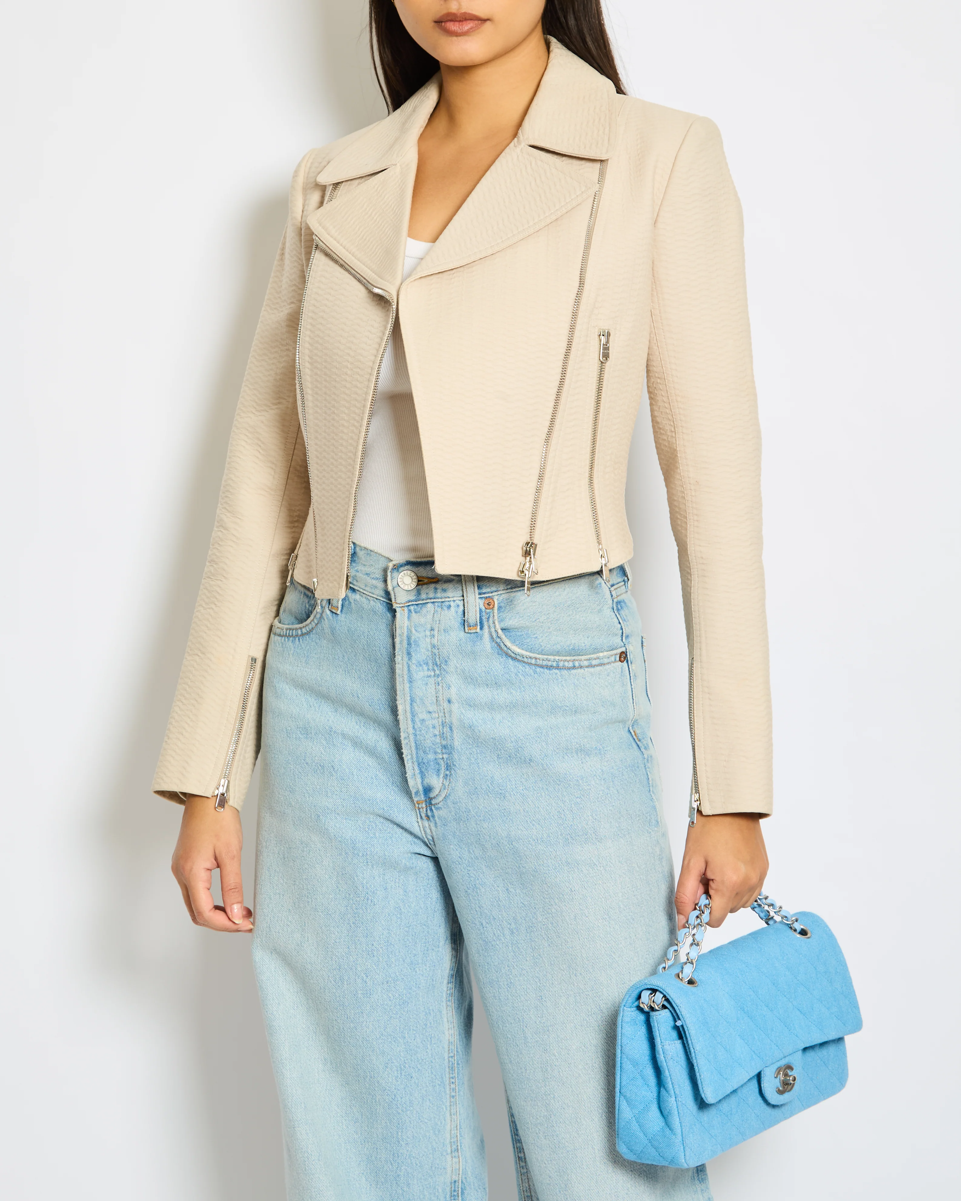 Alaïa Beige Zipped Jacquard Biker Jacket Size FR 38 (UK 10)