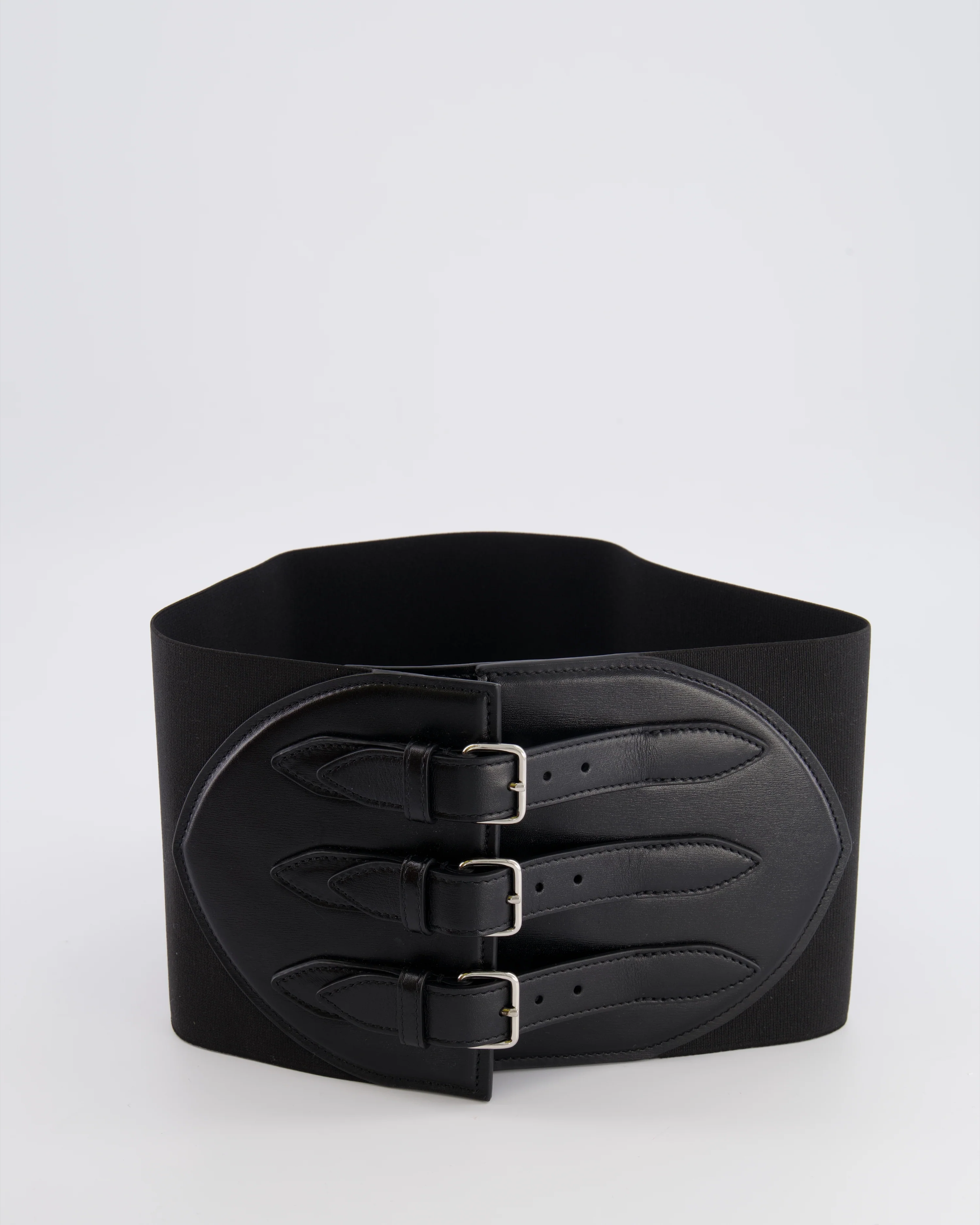 Alaia Black Leather Corset Belt with Silver Buckles 65cm - Image 2