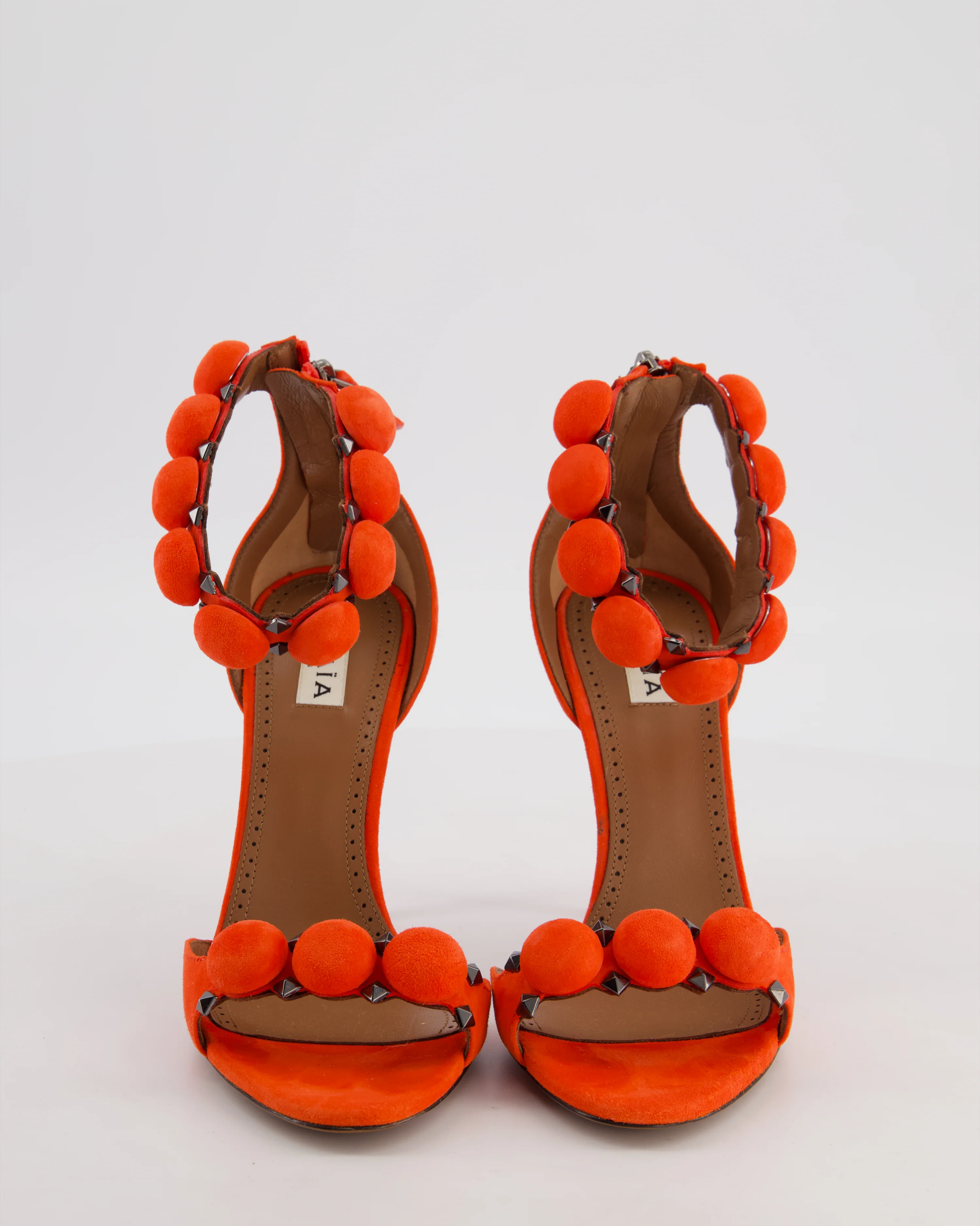 Alaïa Coral Red Suede Open Toe Studded Leather Heel Size EU 38 - Image 4