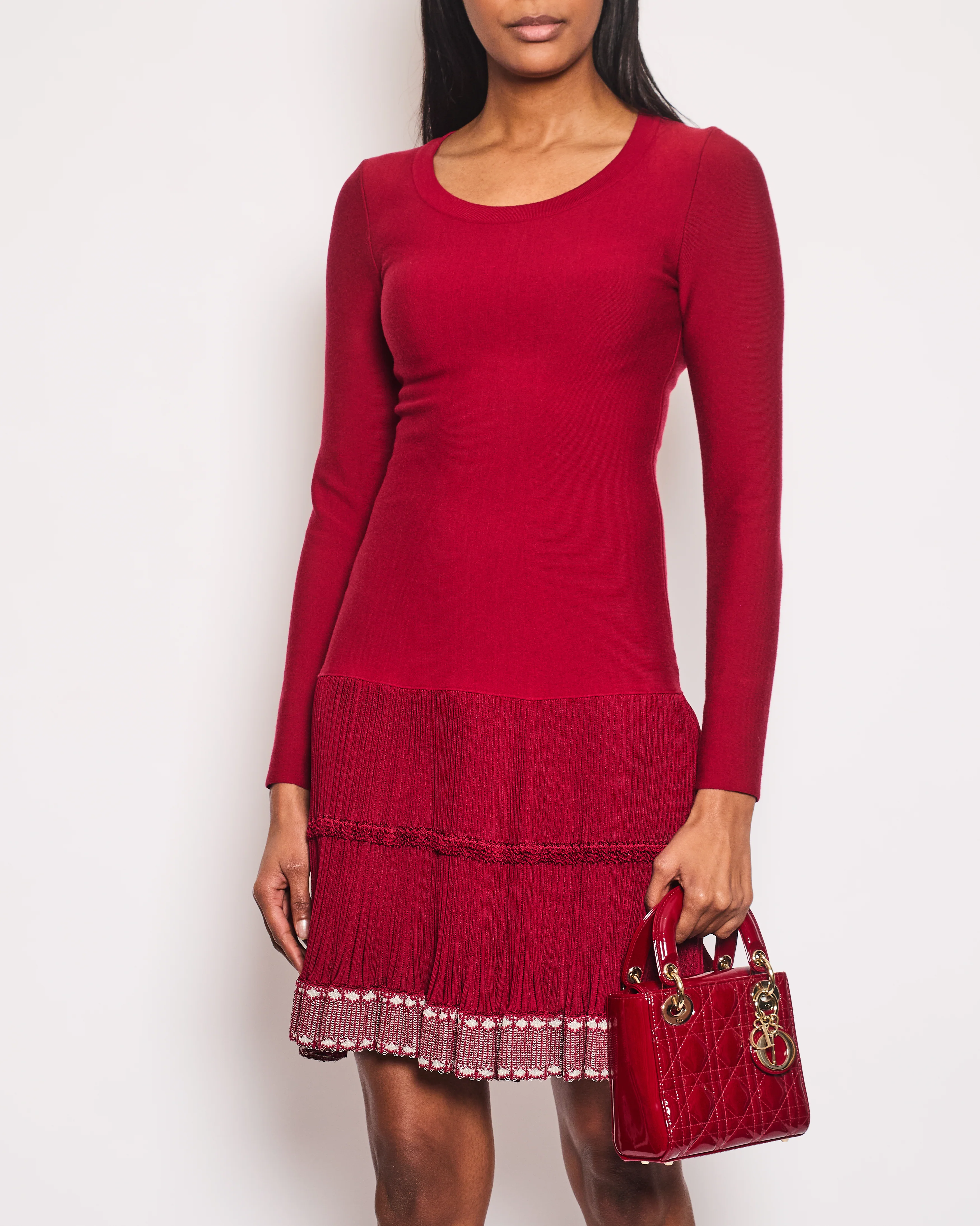 Alaia Red Long-Sleeve Dress with Pleated Trim FR 38 (UK 10) - Image 2