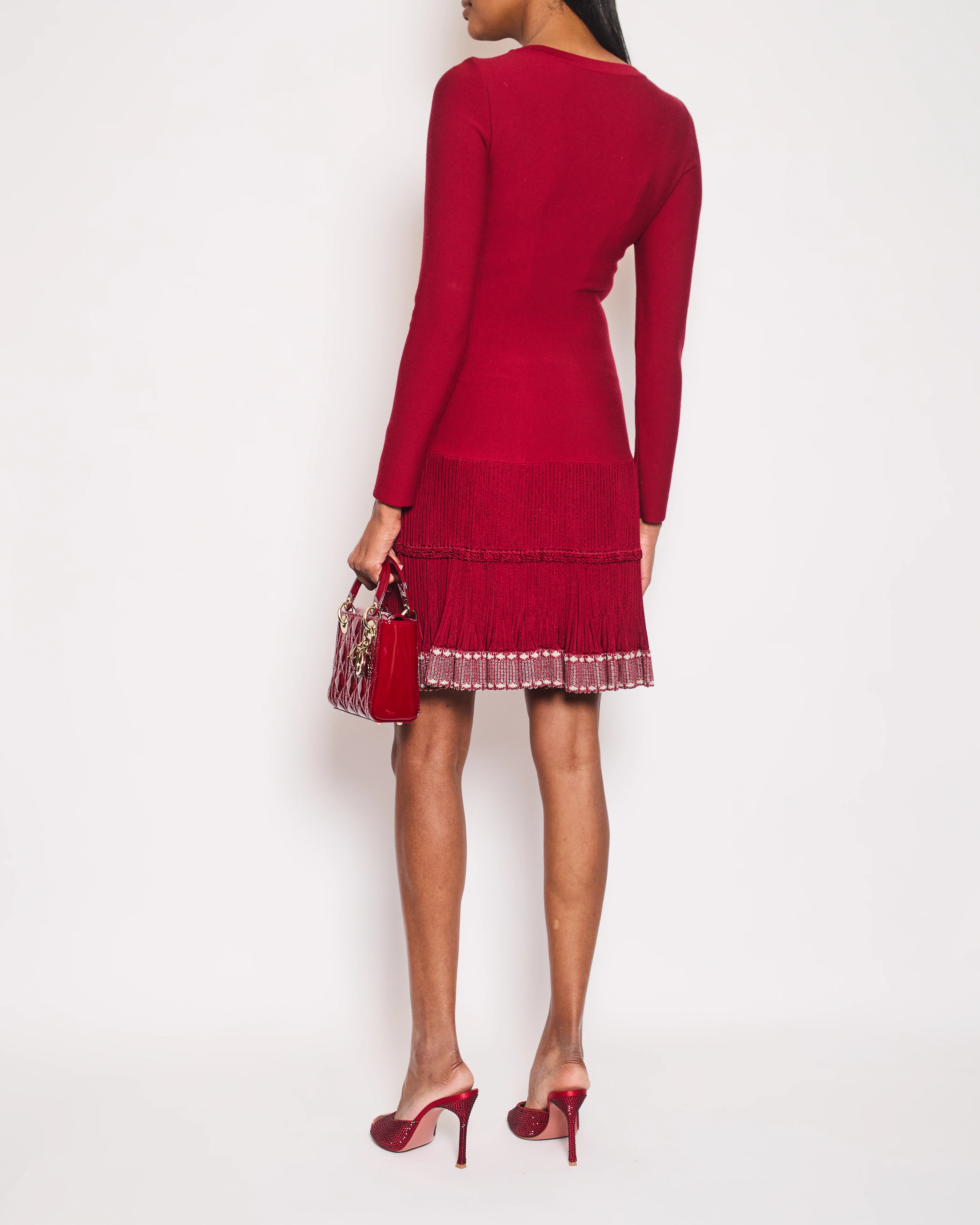 Alaia Red Long-Sleeve Dress with Pleated Trim FR 38 (UK 10) - Image 5
