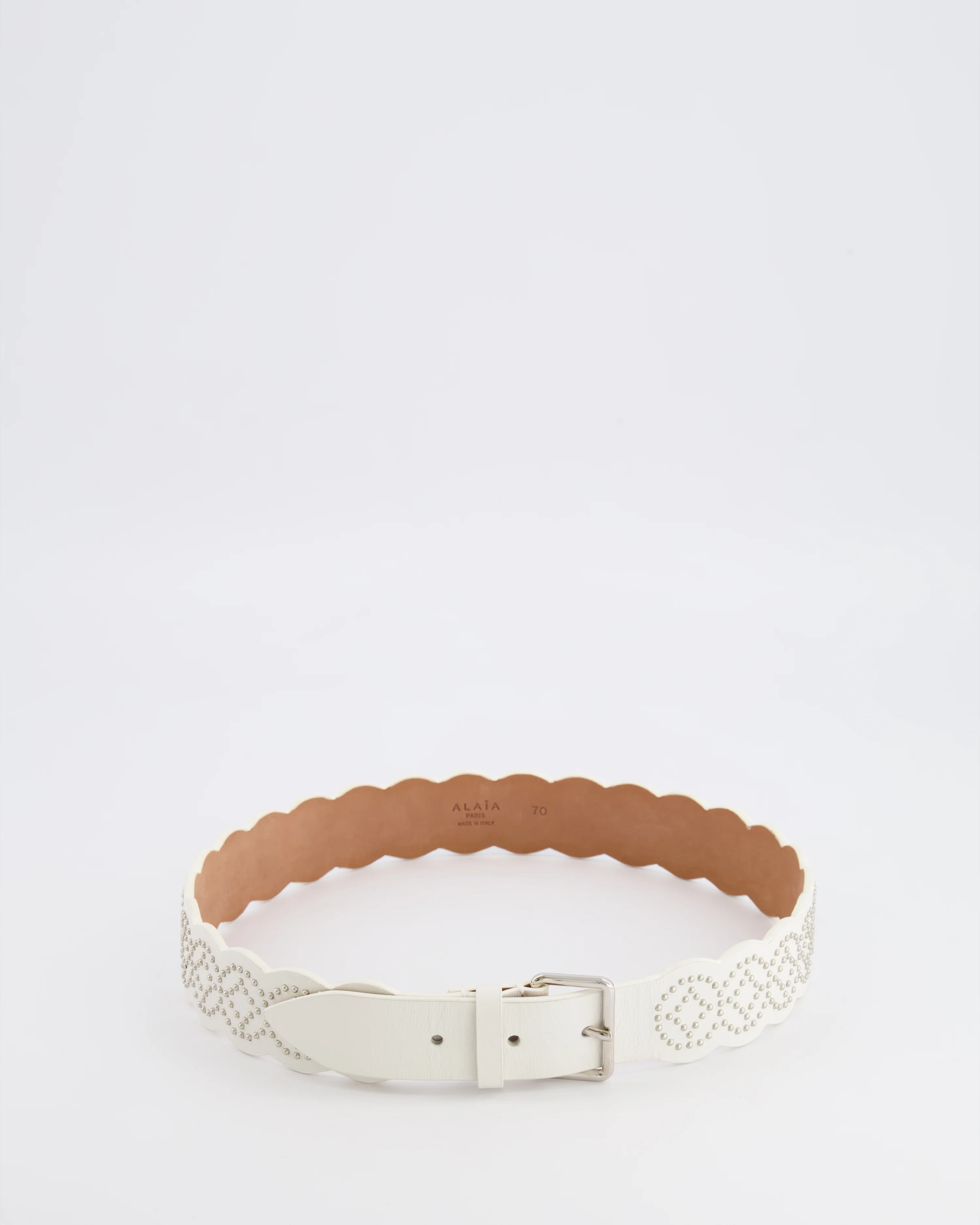 Alaia White Leather Scalloped Belt with Silver Stud Embellishments 70cm RRP £800