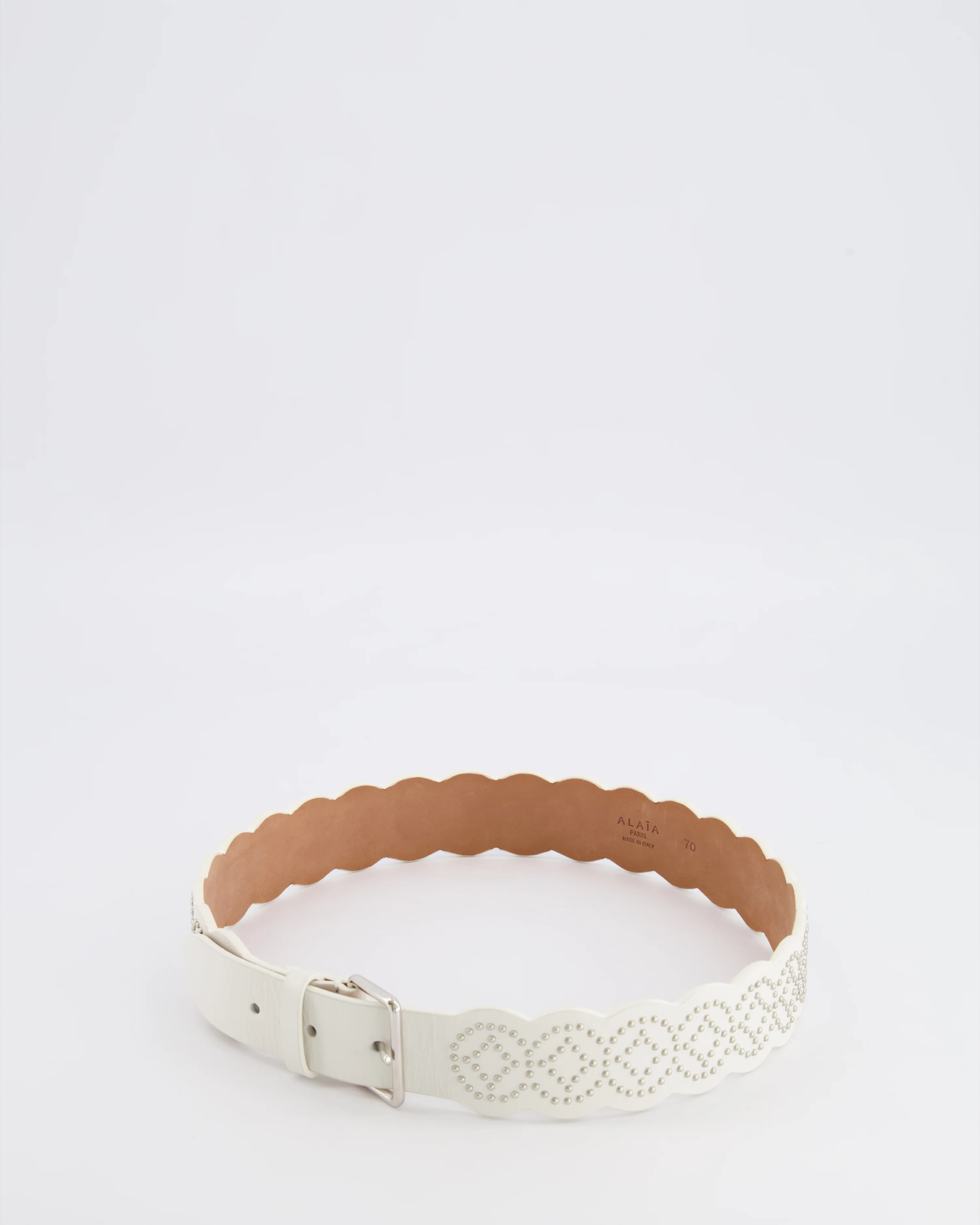 Alaia White Leather Scalloped Belt with Silver Stud Embellishments 70cm RRP £800 - Image 5