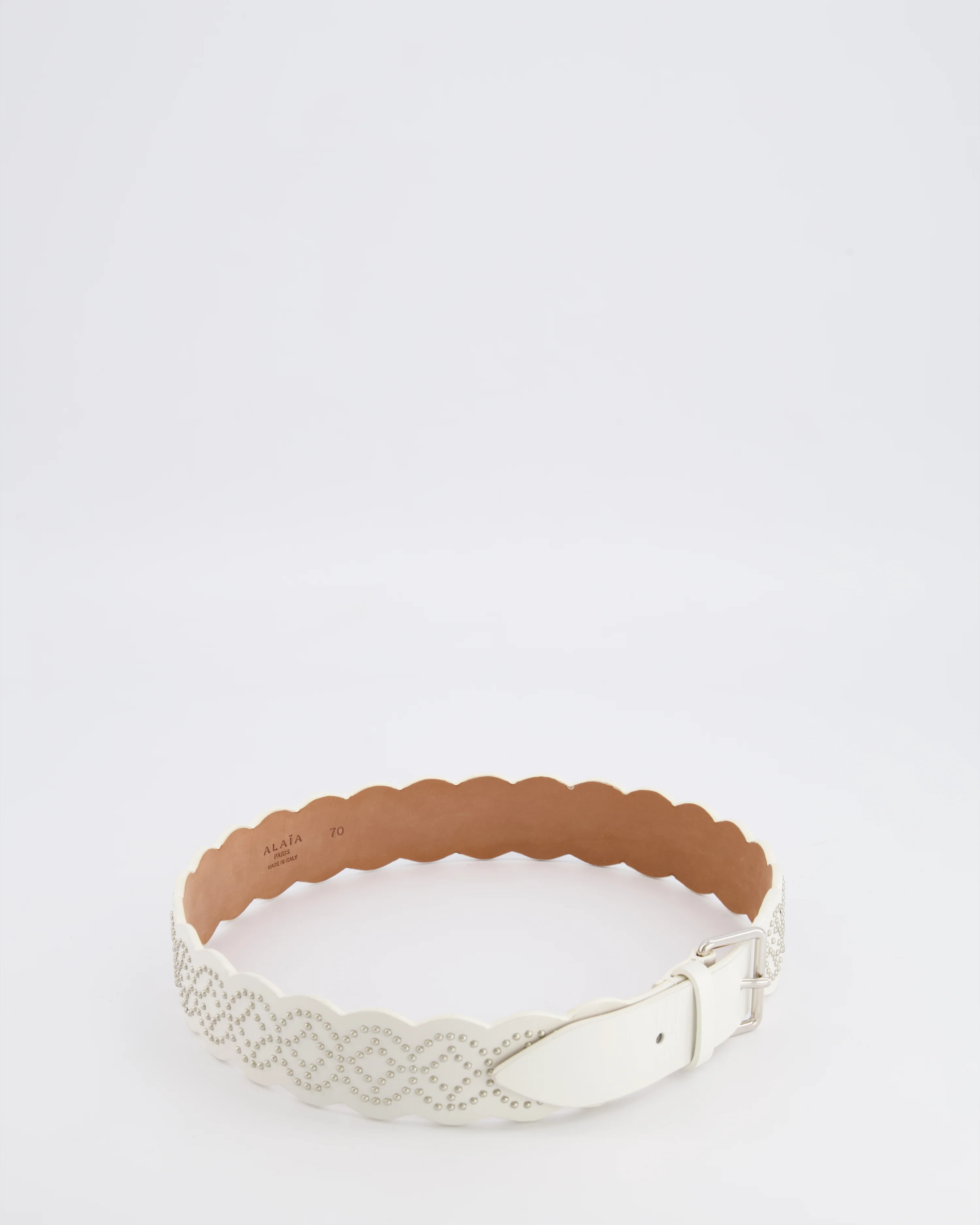 Alaia White Leather Scalloped Belt with Silver Stud Embellishments 70cm RRP £800 - Image 6