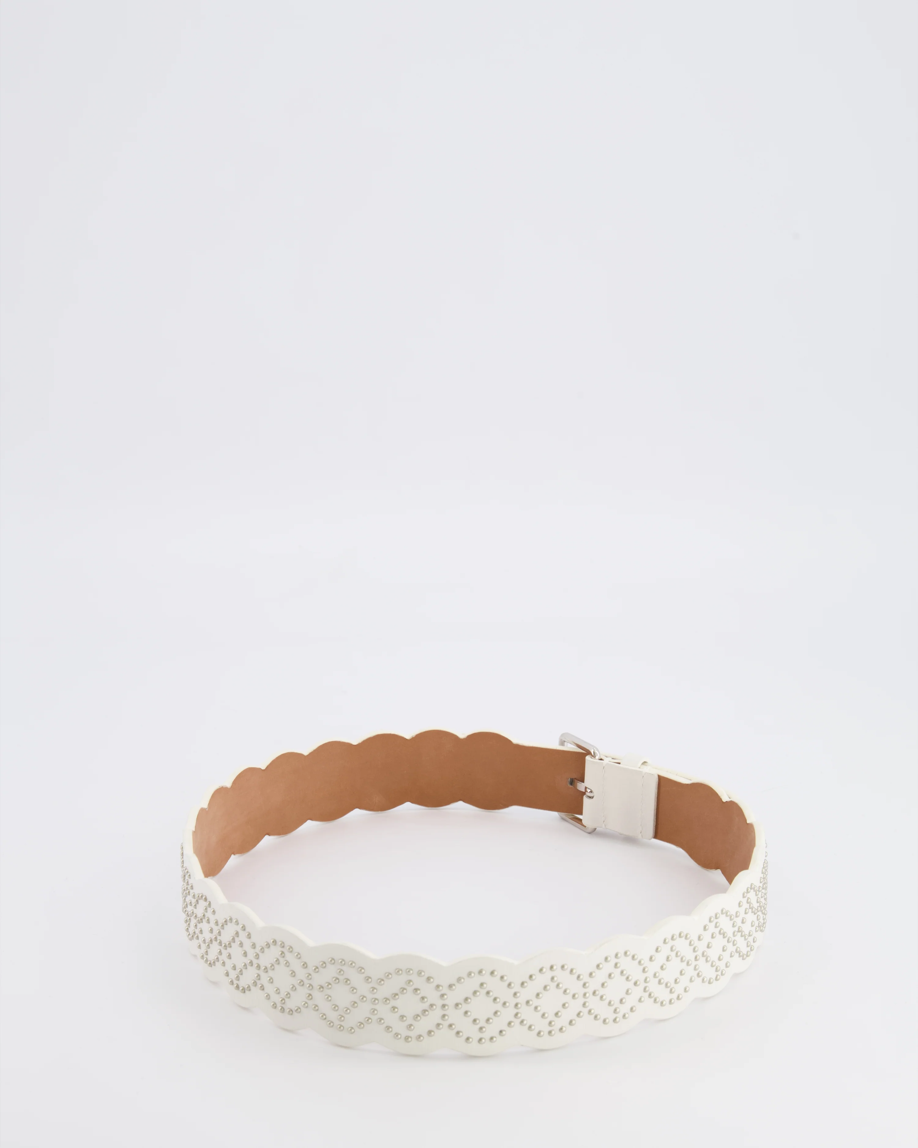 Alaia White Leather Scalloped Belt with Silver Stud Embellishments 70cm RRP £800 - Image 7