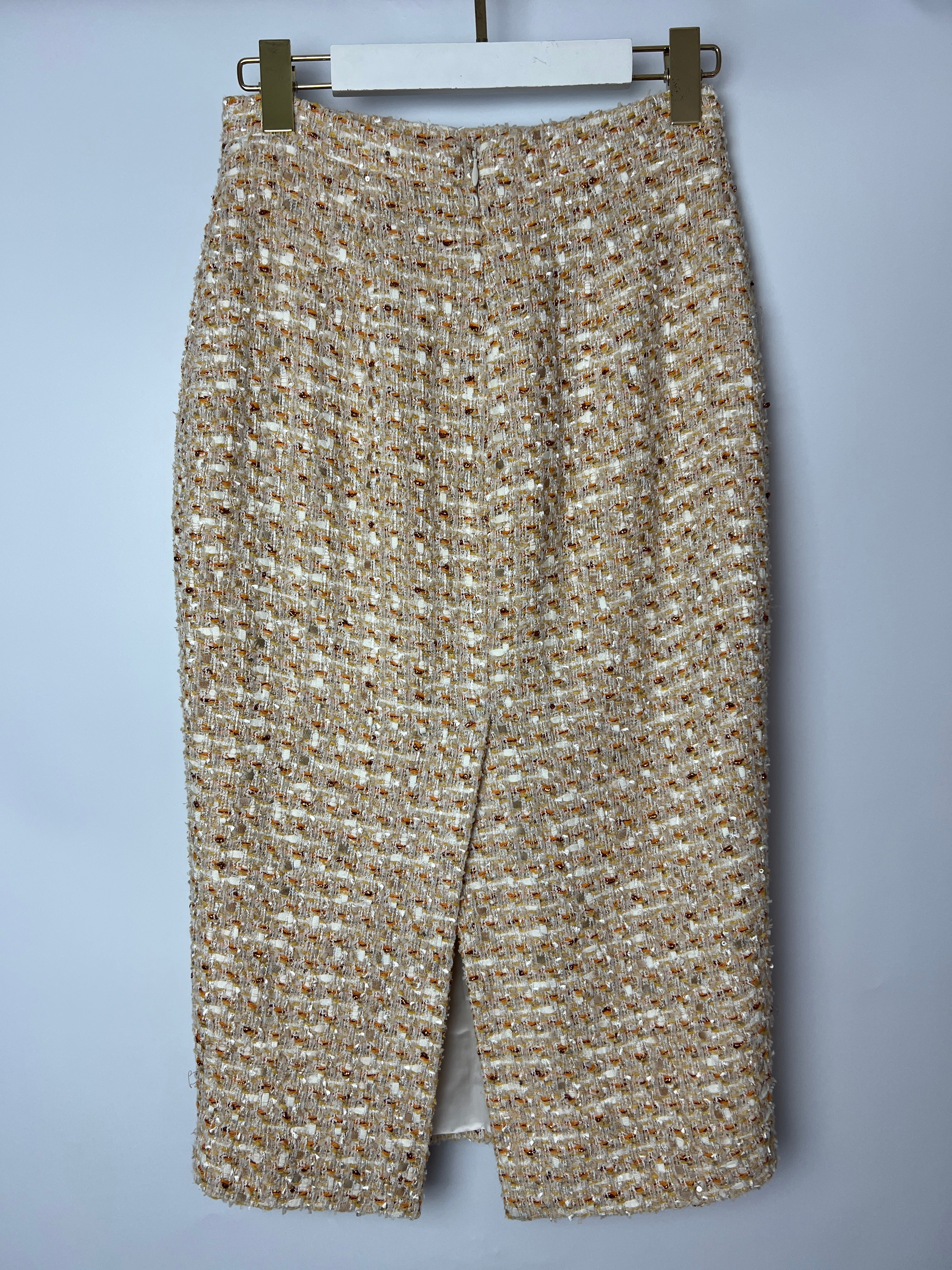 Alessandra Rich Beige, Yellow and Orange Tweed Midi Skirt Size IT 40 (UK 8) - Image 9