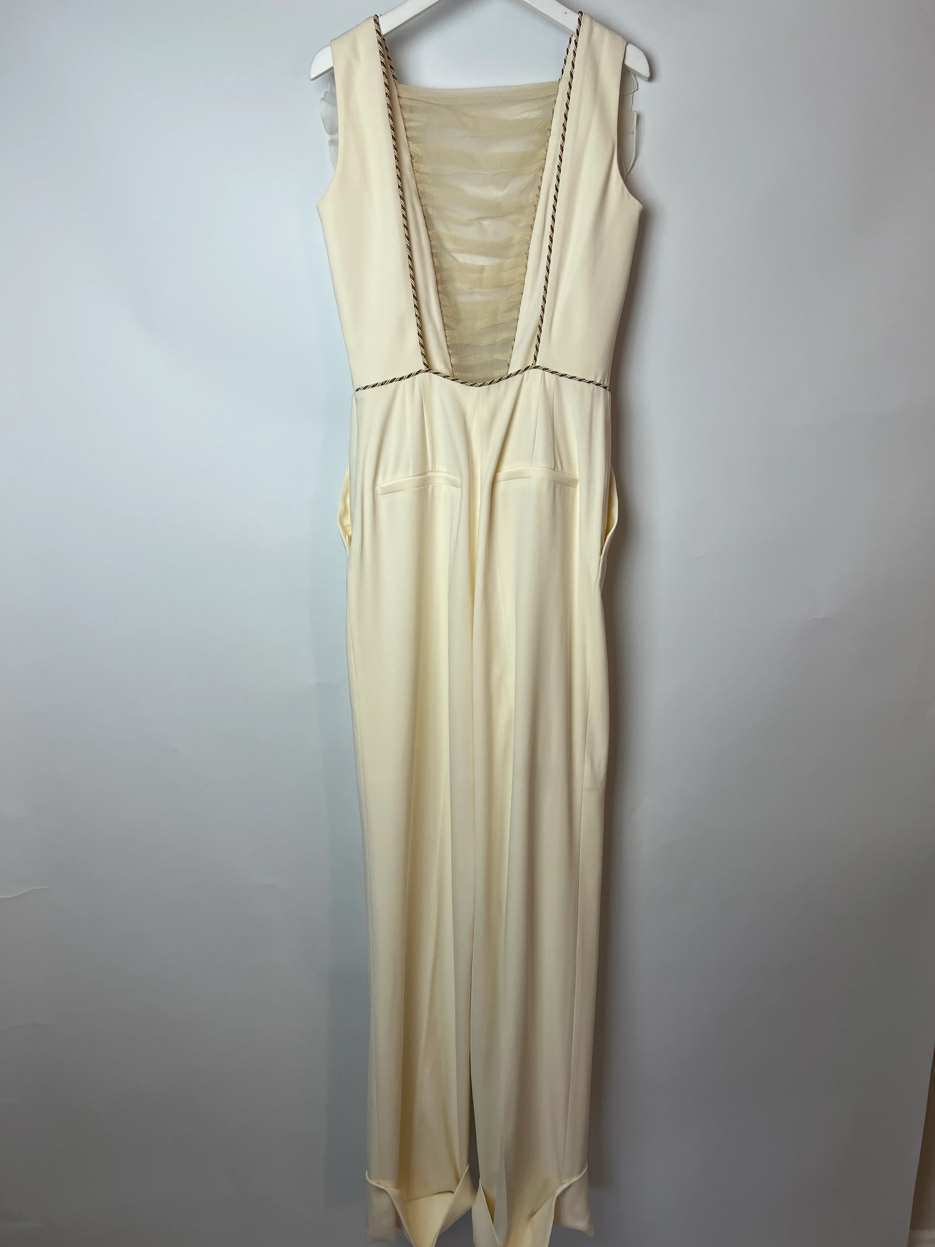 Alessandra Rich Cream Sleeveless Jumpsuit with Mesh V-Neck Panel and Gold Metallic trim Size IT 40 (UK 8) - Image 10