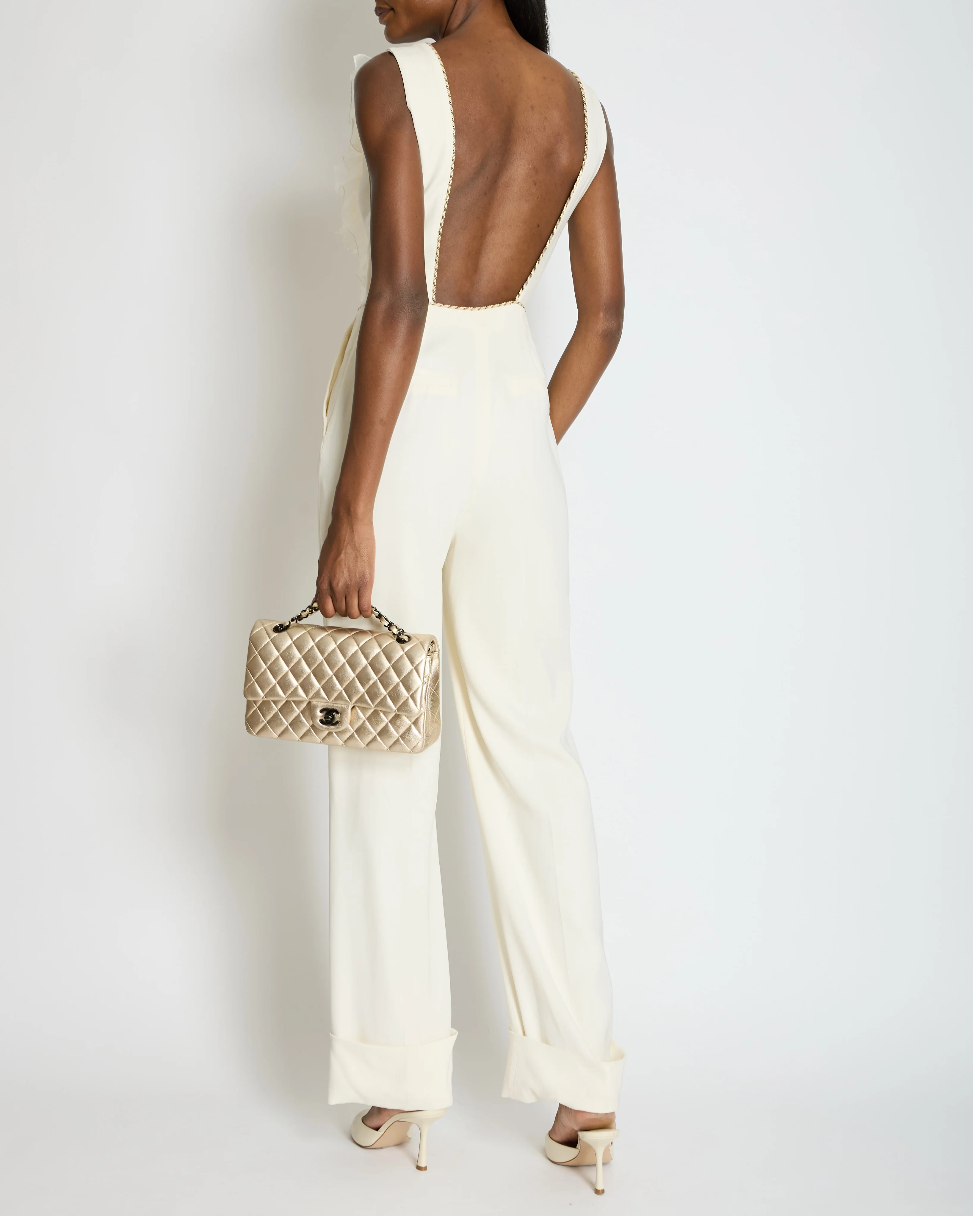 Alessandra Rich Cream Sleeveless Jumpsuit with Mesh V-Neck Panel and Gold Metallic trim Size IT 40 (UK 8) - Image 3