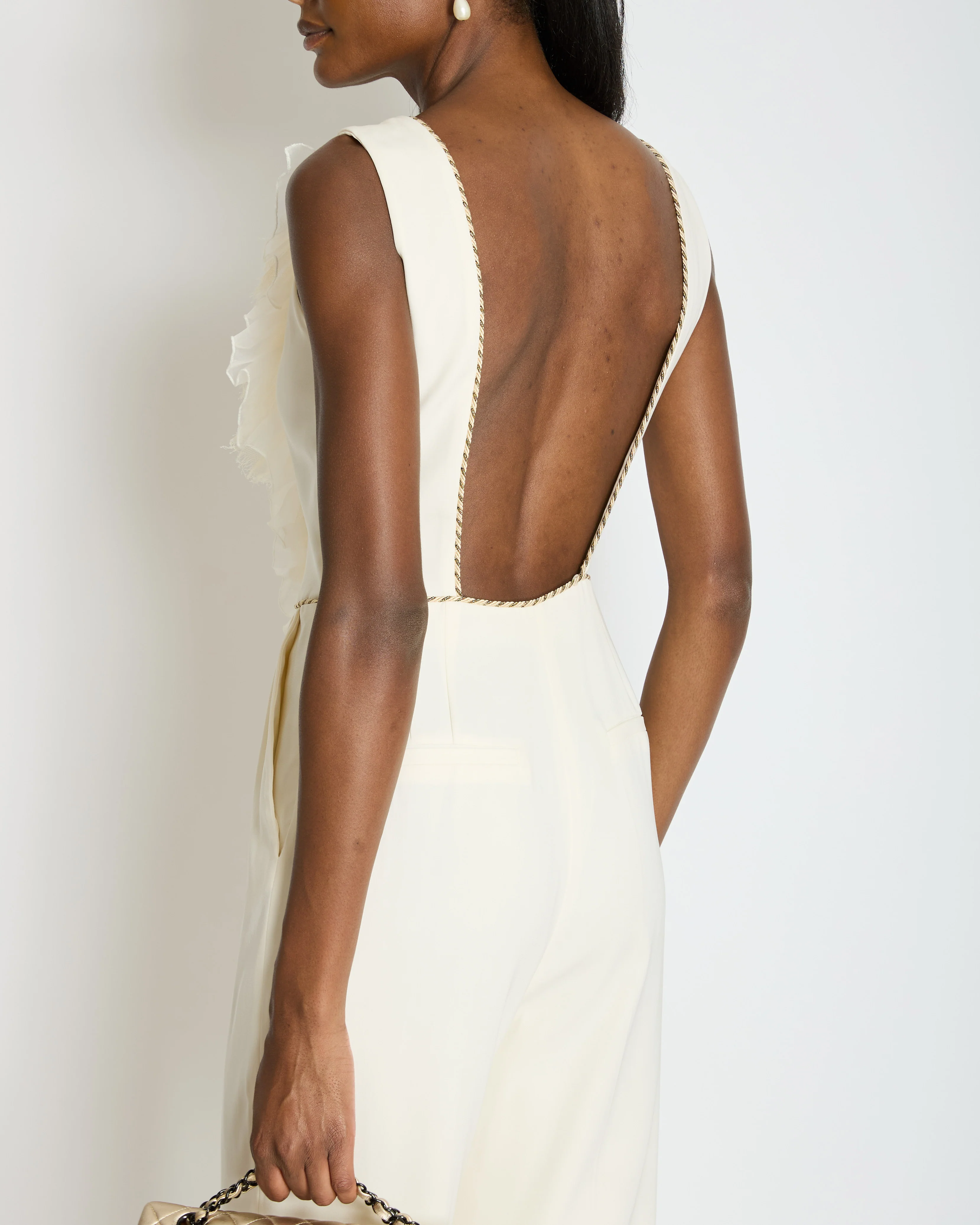 Alessandra Rich Cream Sleeveless Jumpsuit with Mesh V-Neck Panel and Gold Metallic trim Size IT 40 (UK 8) - Image 4