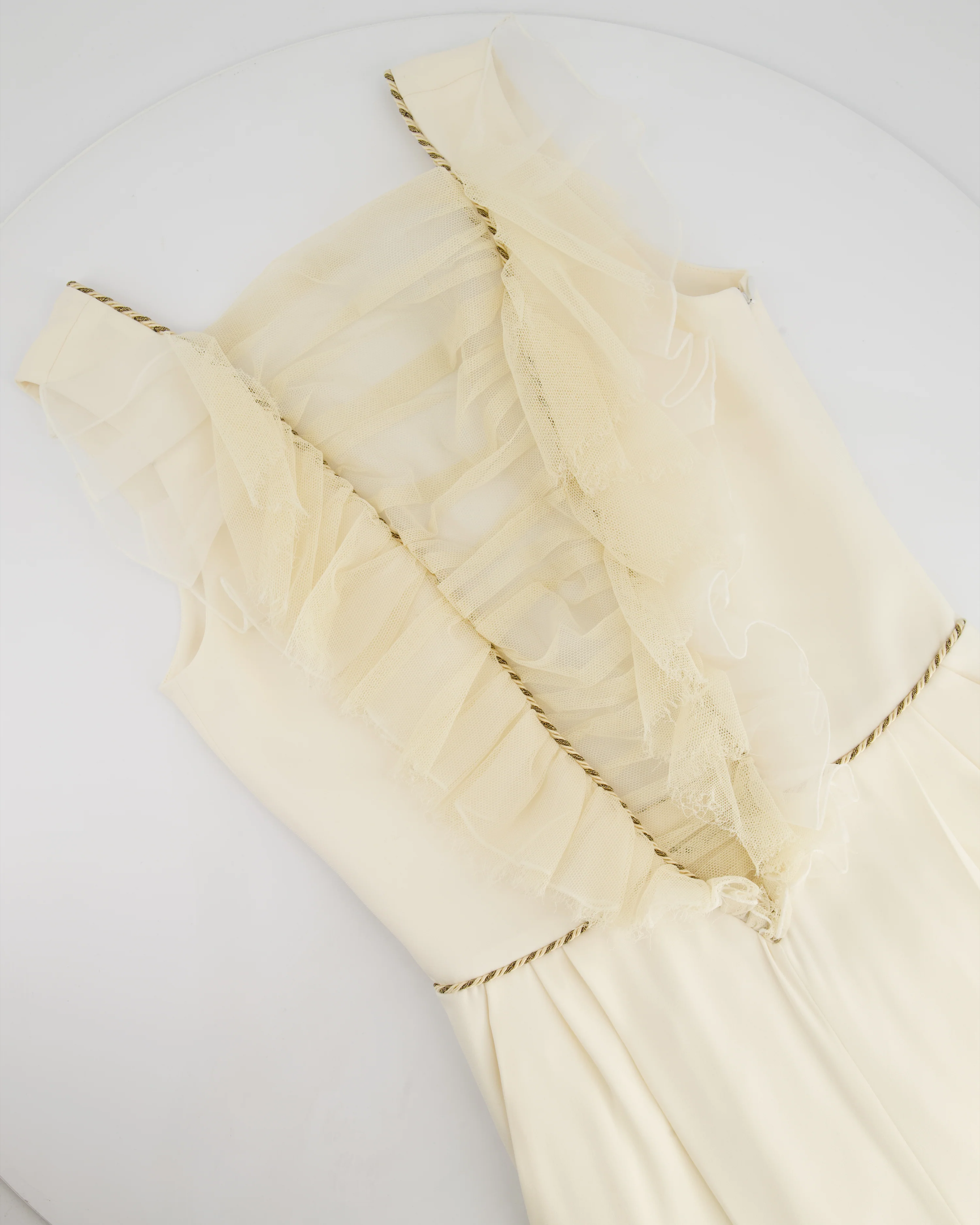 Alessandra Rich Cream Sleeveless Jumpsuit with Mesh V-Neck Panel and Gold Metallic trim Size IT 40 (UK 8) - Image 5
