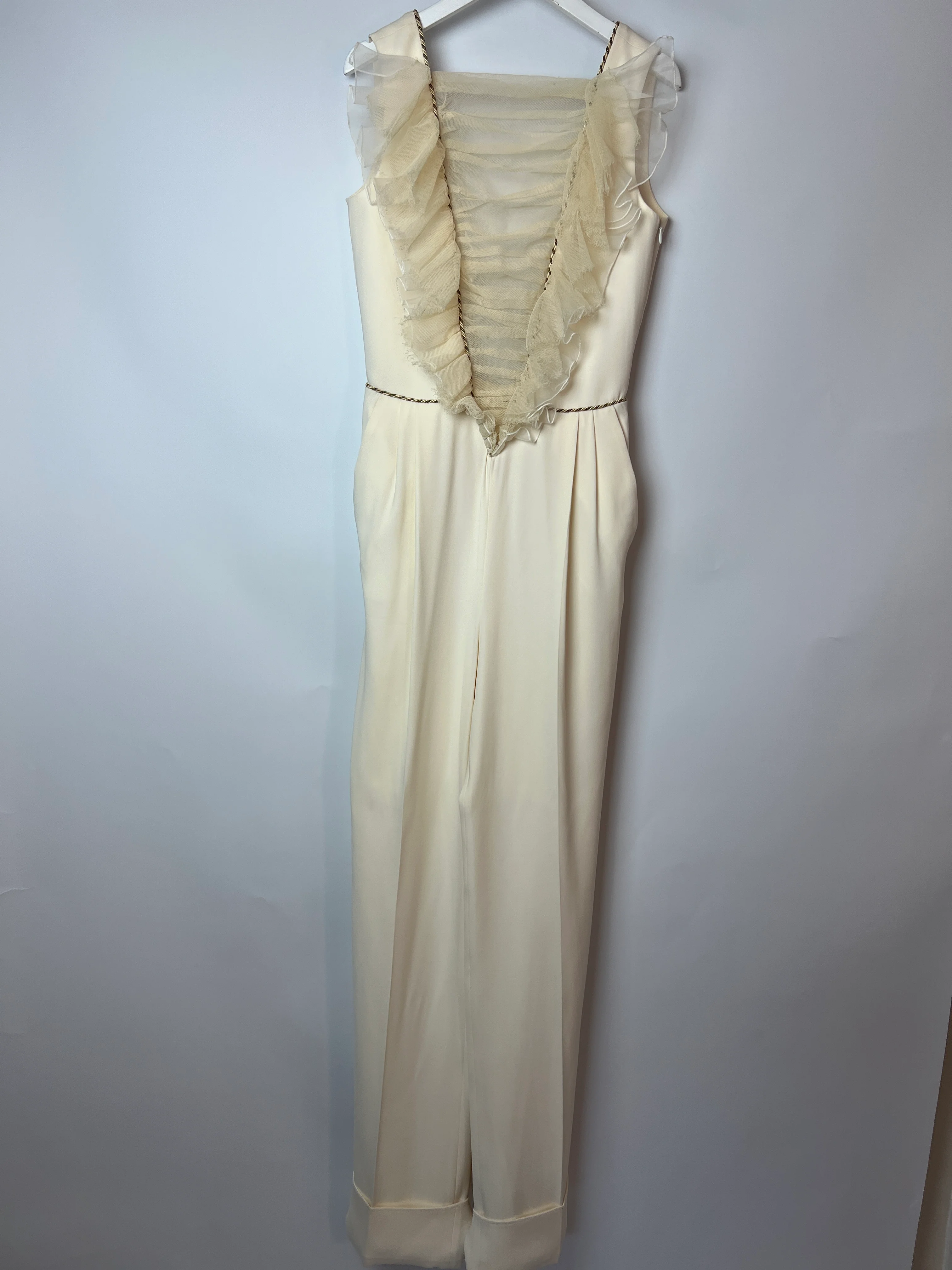 Alessandra Rich Cream Sleeveless Jumpsuit with Mesh V-Neck Panel and Gold Metallic trim Size IT 40 (UK 8) - Image 8