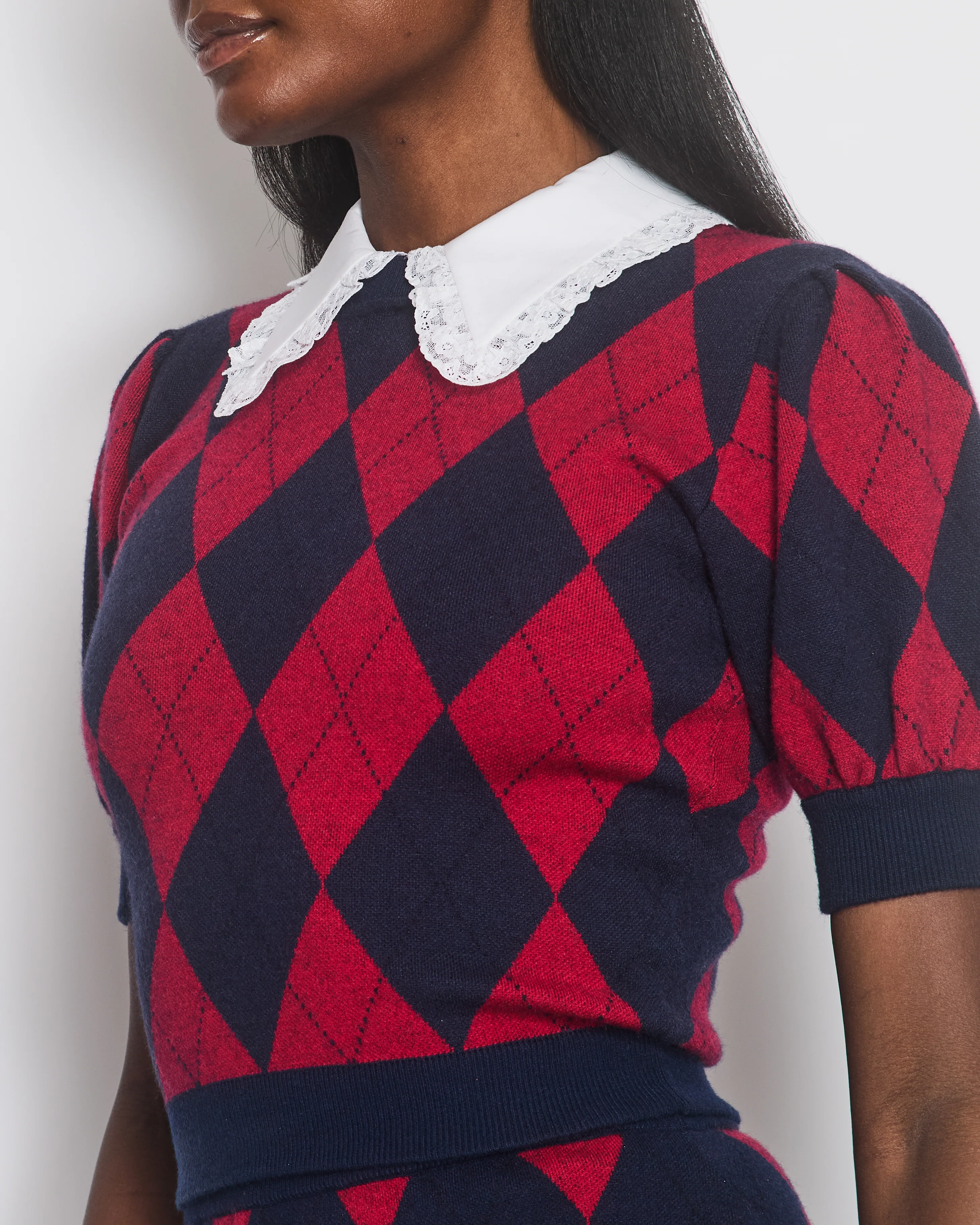 Alessandra Rich Navy & Red Argyle Short Sleeve Top & Hot Pants Set with Pearl Buttons Detail Size IT 38 (UK 6) - Image 4