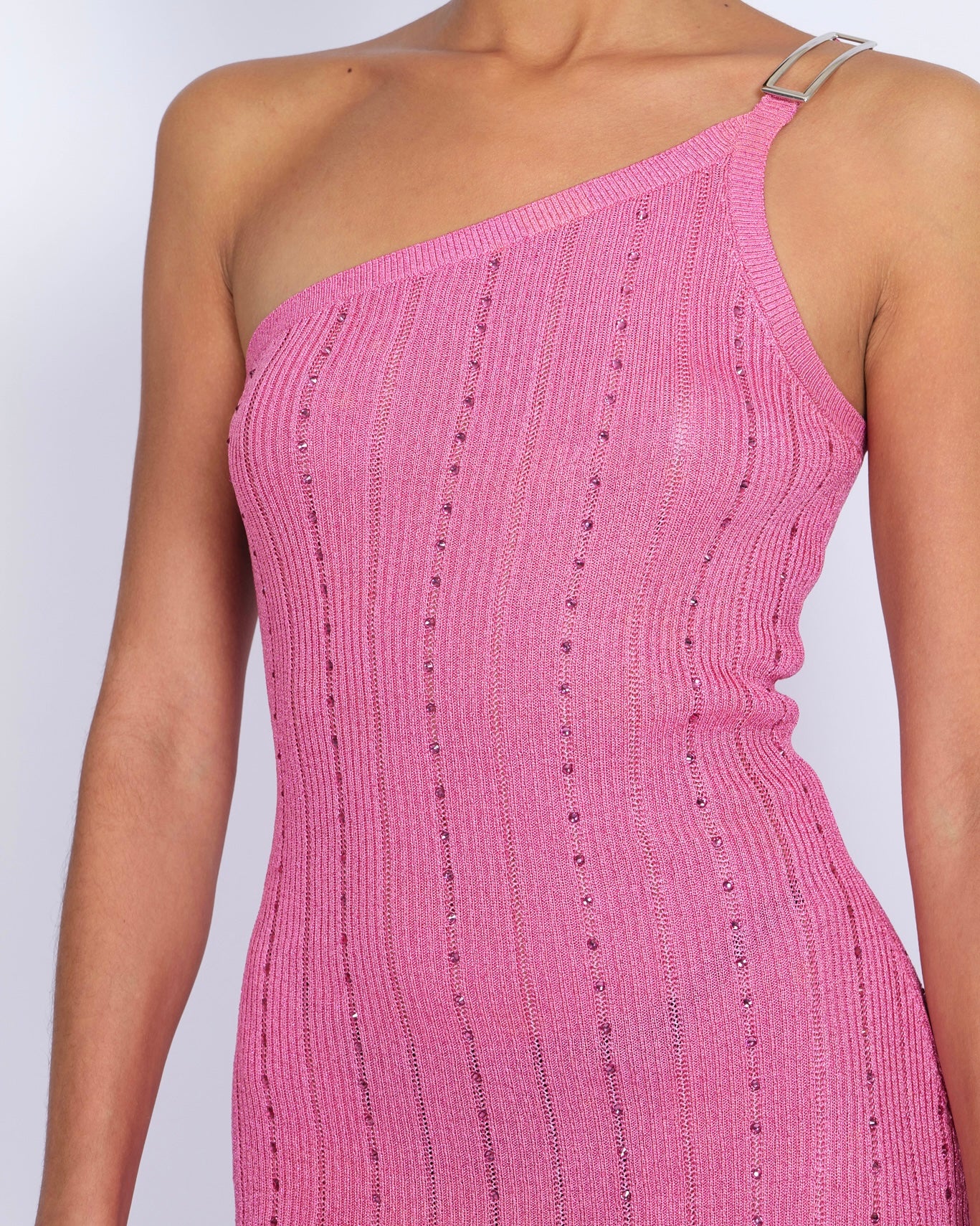 Alessandra Rich Pink Knit One-Shoulder Mini Dress with Crystal Embellishments and Silver Hardware Detail Size IT 42 (UK 10) RRP £890 - Image 3