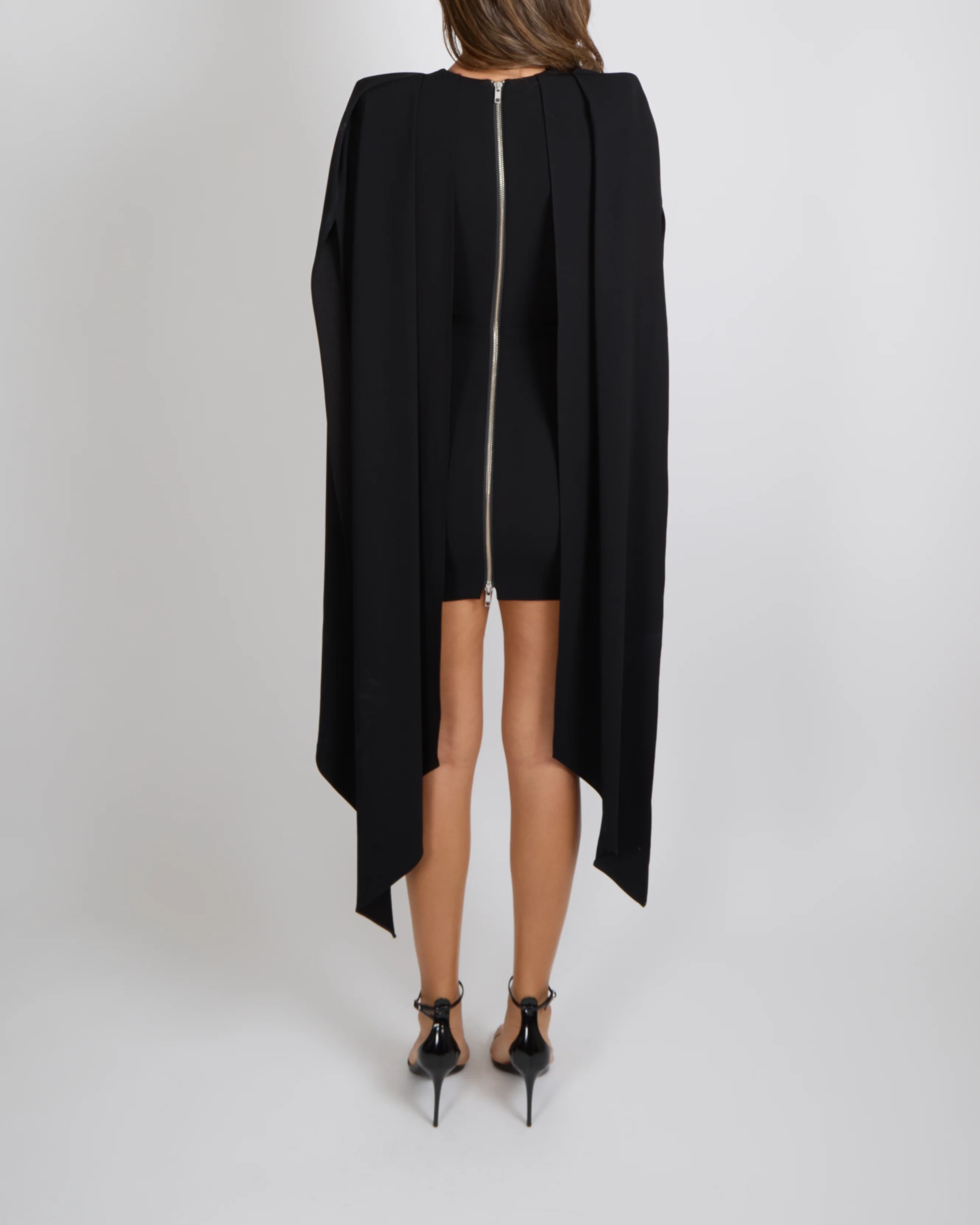 Alex Perry Black Mini Dress with Cape and Back Silver Zipper Detail Size UK 6 - Image 3