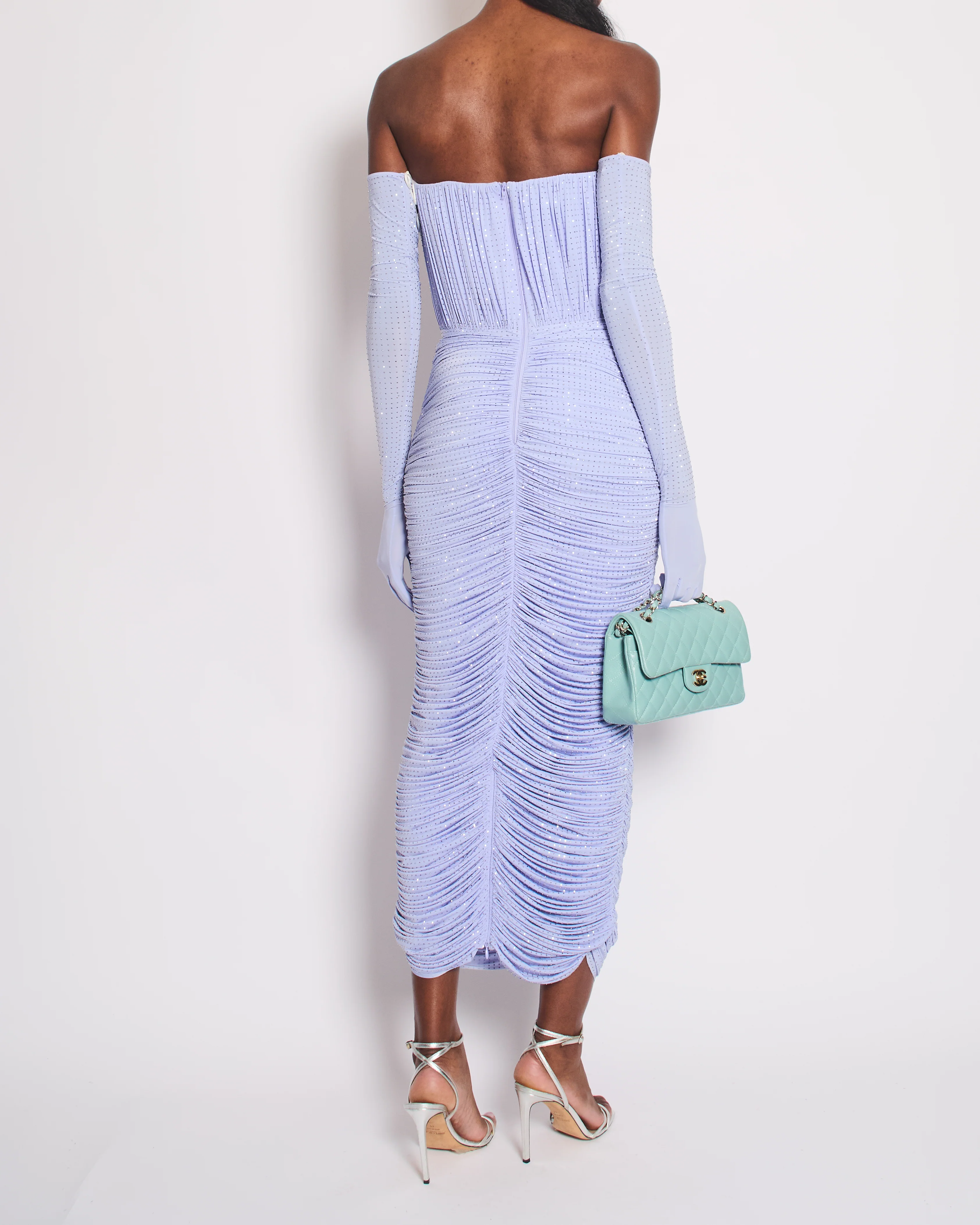 Alex Perry Lilac Crystal Embellished Ruched Jersey Midi Dress with Matching Gloves FR 42 (UK 14) - Image 2