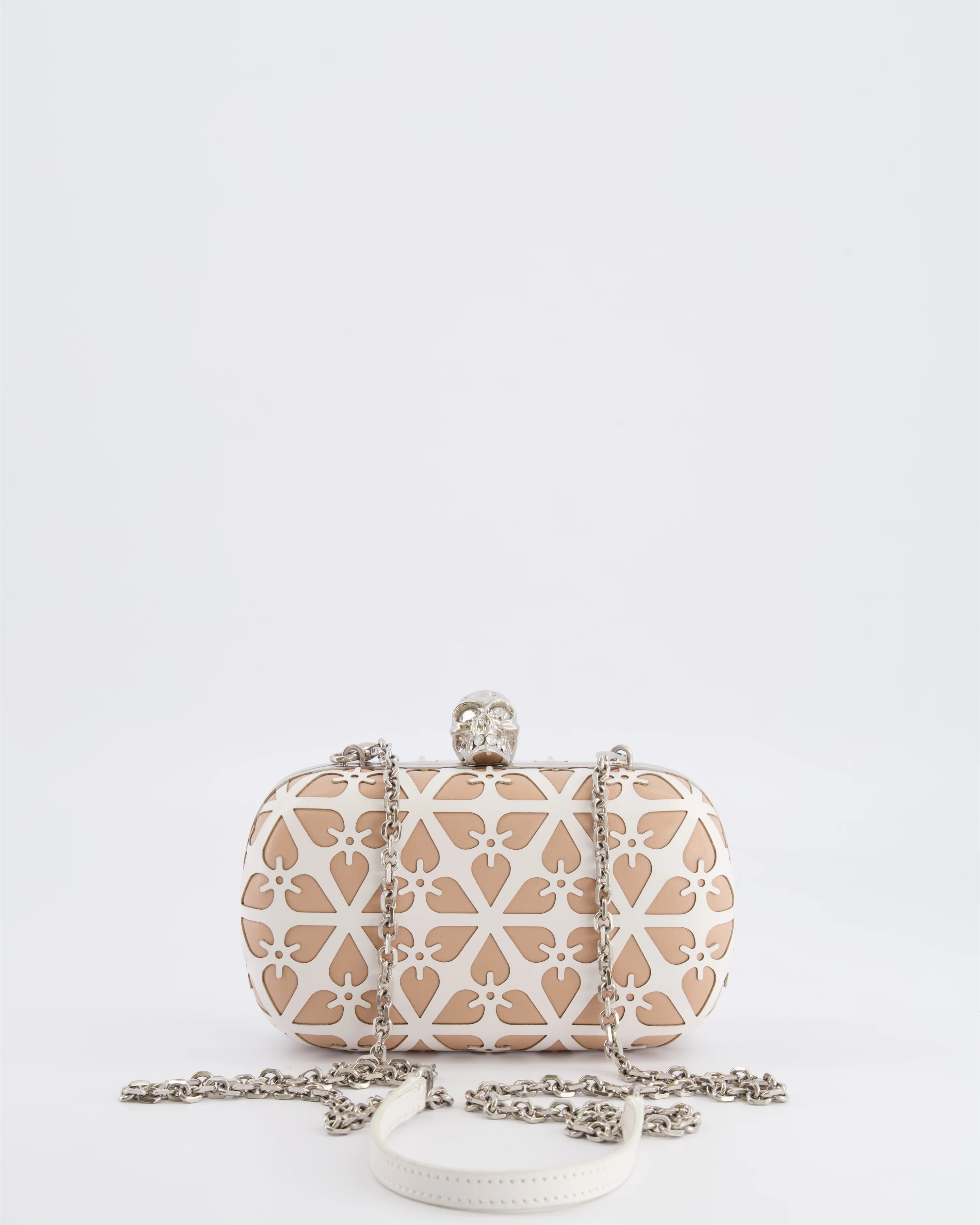 Alexander McQueen Beige and White Leather Laser Cut Skull Box Chain Clutch Bag with Silver and Crystal Embellished Skull Detail RRP £2,690 - Image 6