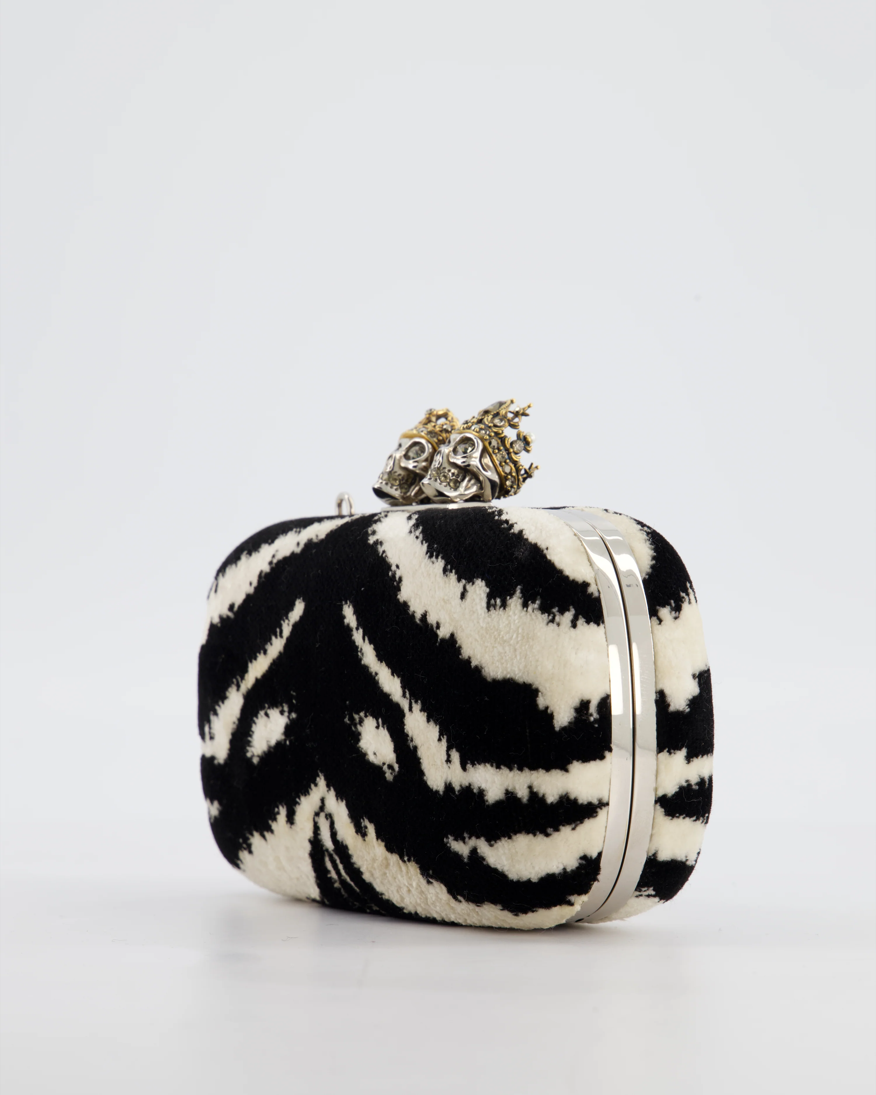 Alexander McQueen Black and White Zebra Print Skull Box Clutch Bag with Silver Hardware - Image 10