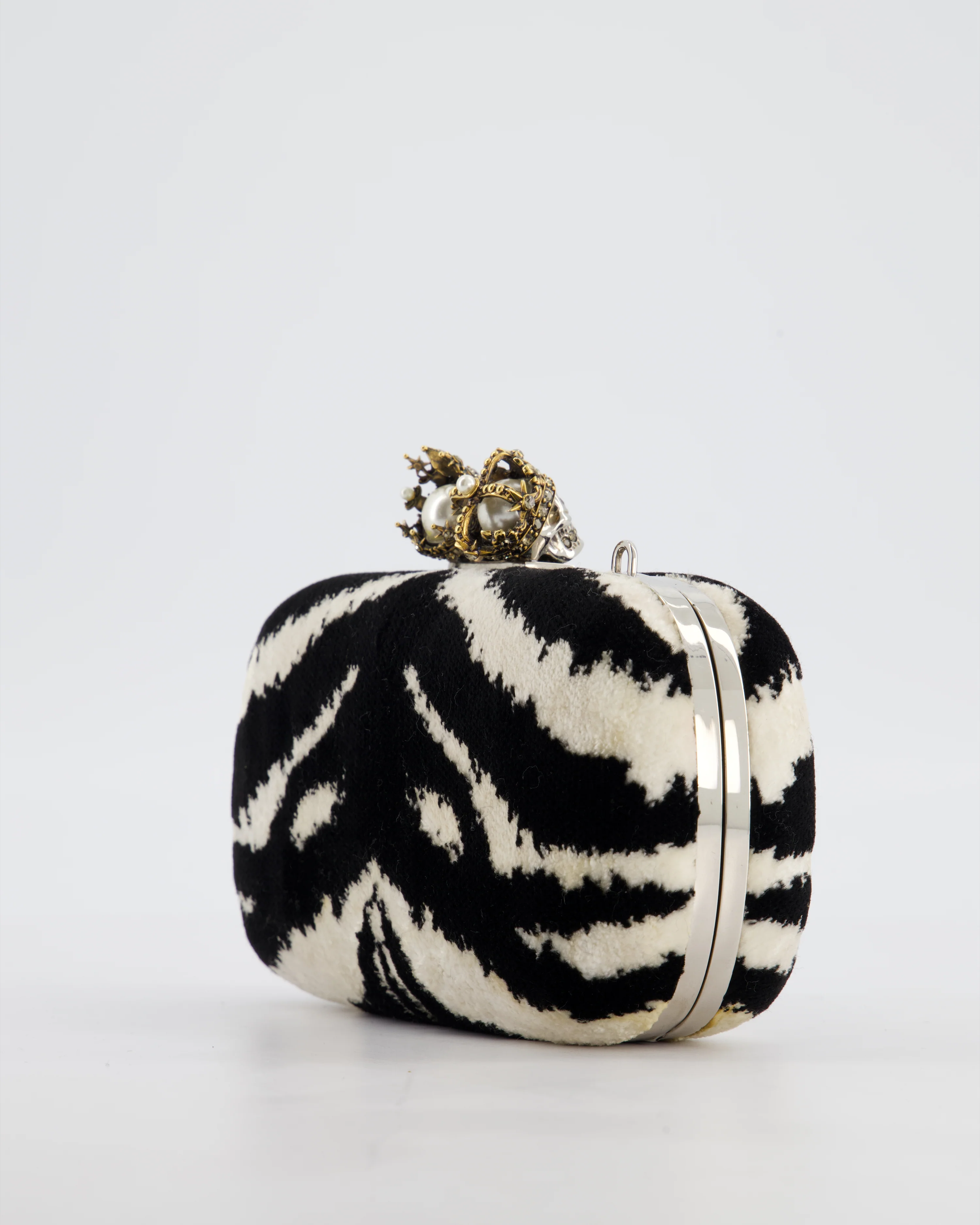 Alexander McQueen Black and White Zebra Print Skull Box Clutch Bag with Silver Hardware - Image 11