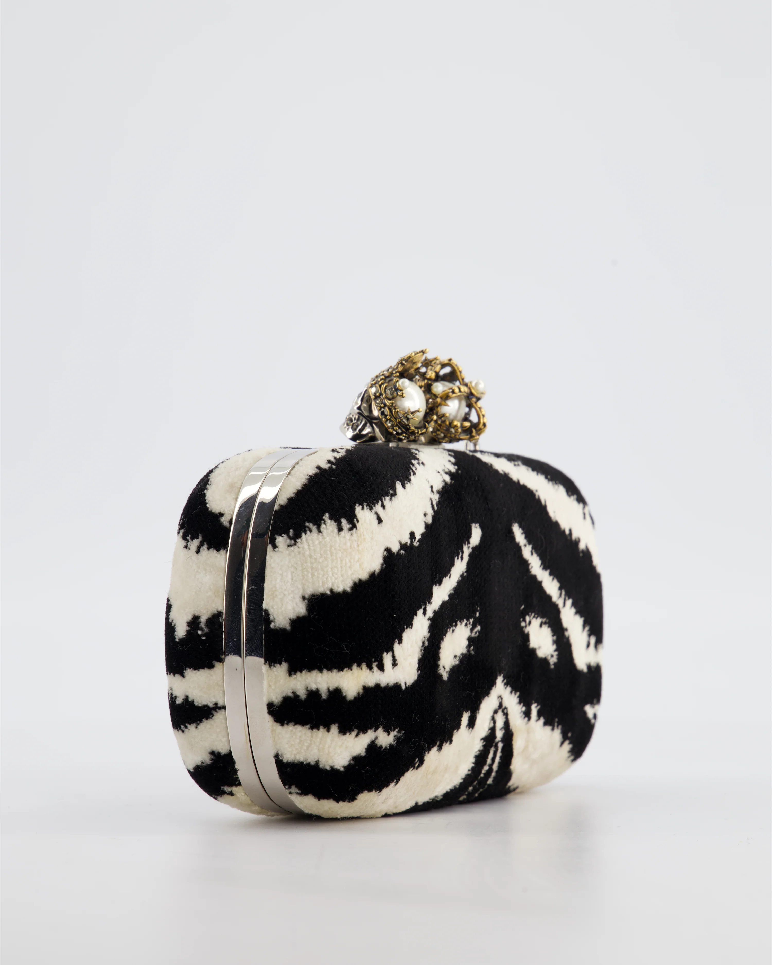 Alexander McQueen Black and White Zebra Print Skull Box Clutch Bag with Silver Hardware - Image 12