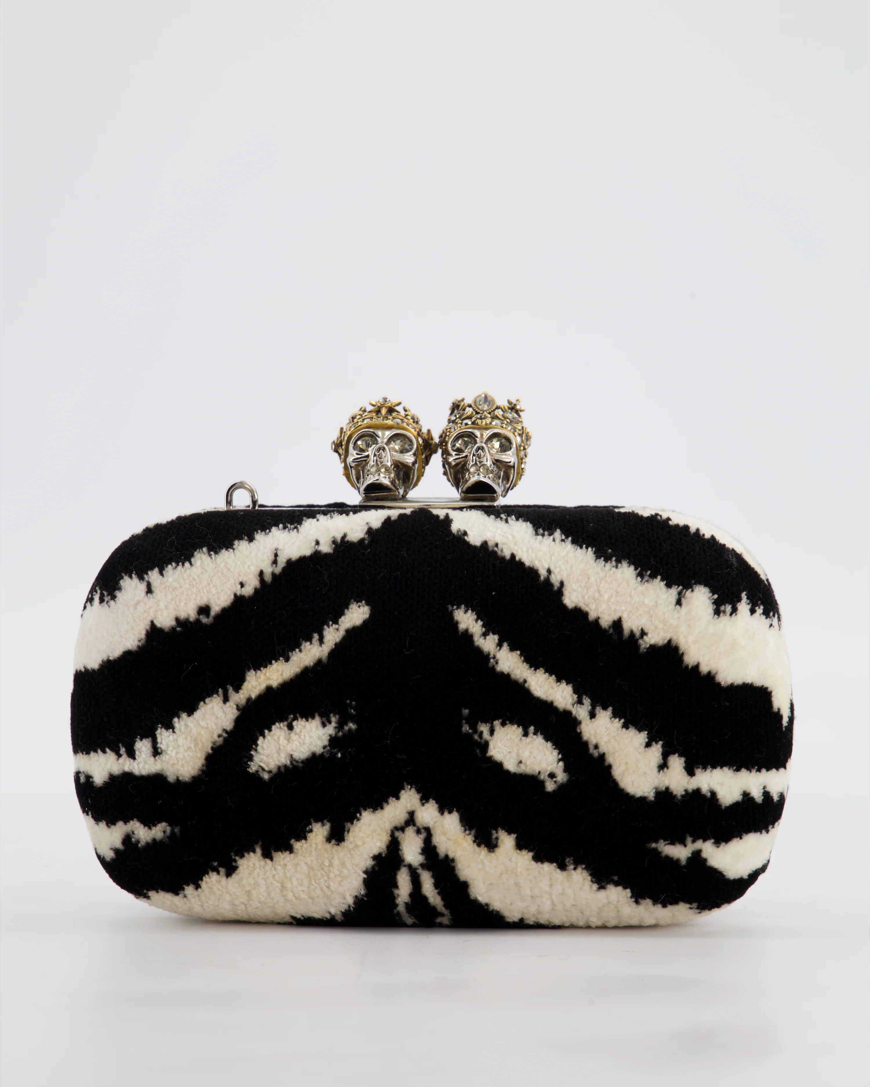 Alexander McQueen Black and White Zebra Print Skull Box Clutch Bag with Silver Hardware - Image 13