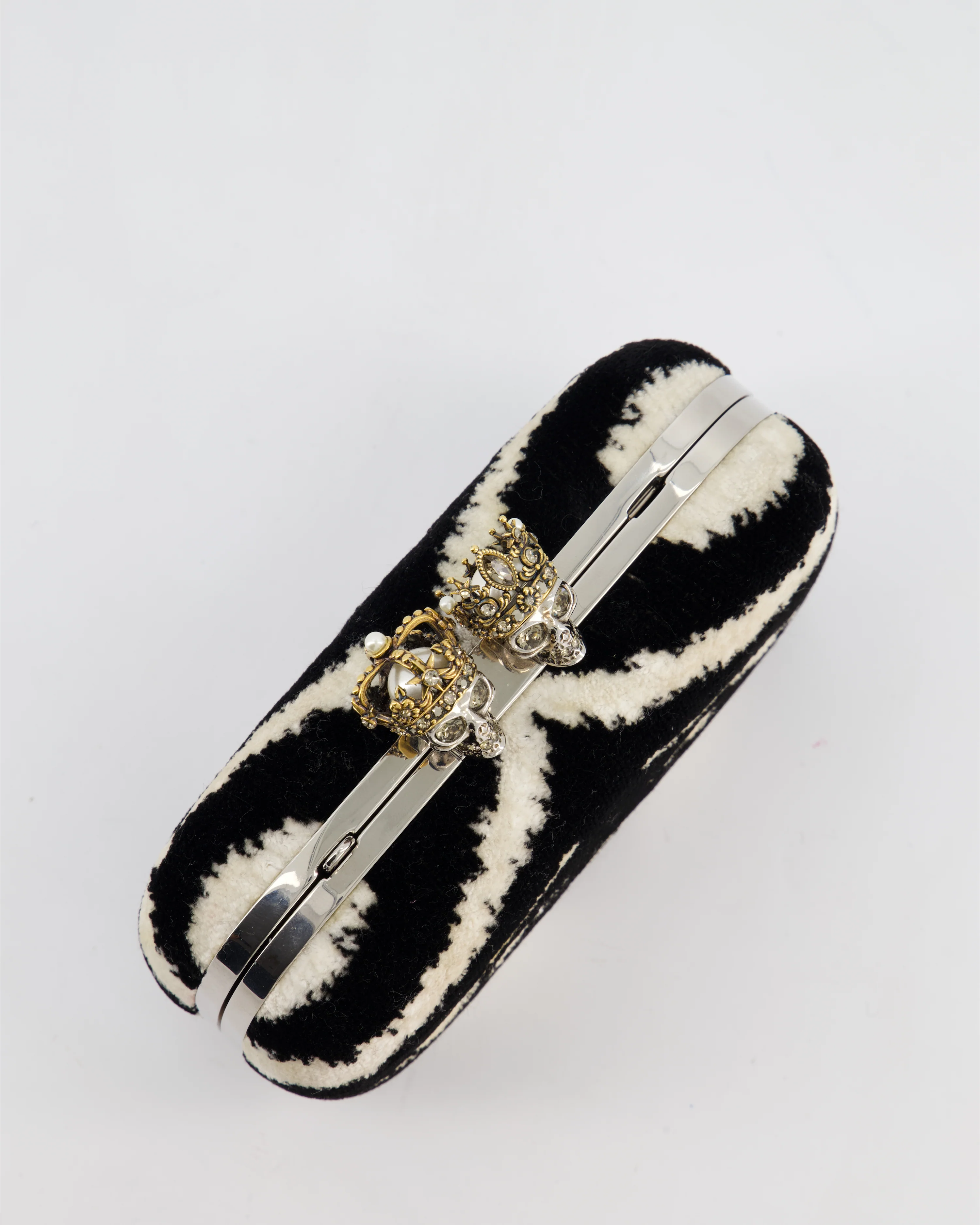Alexander McQueen Black and White Zebra Print Skull Box Clutch Bag with Silver Hardware - Image 14