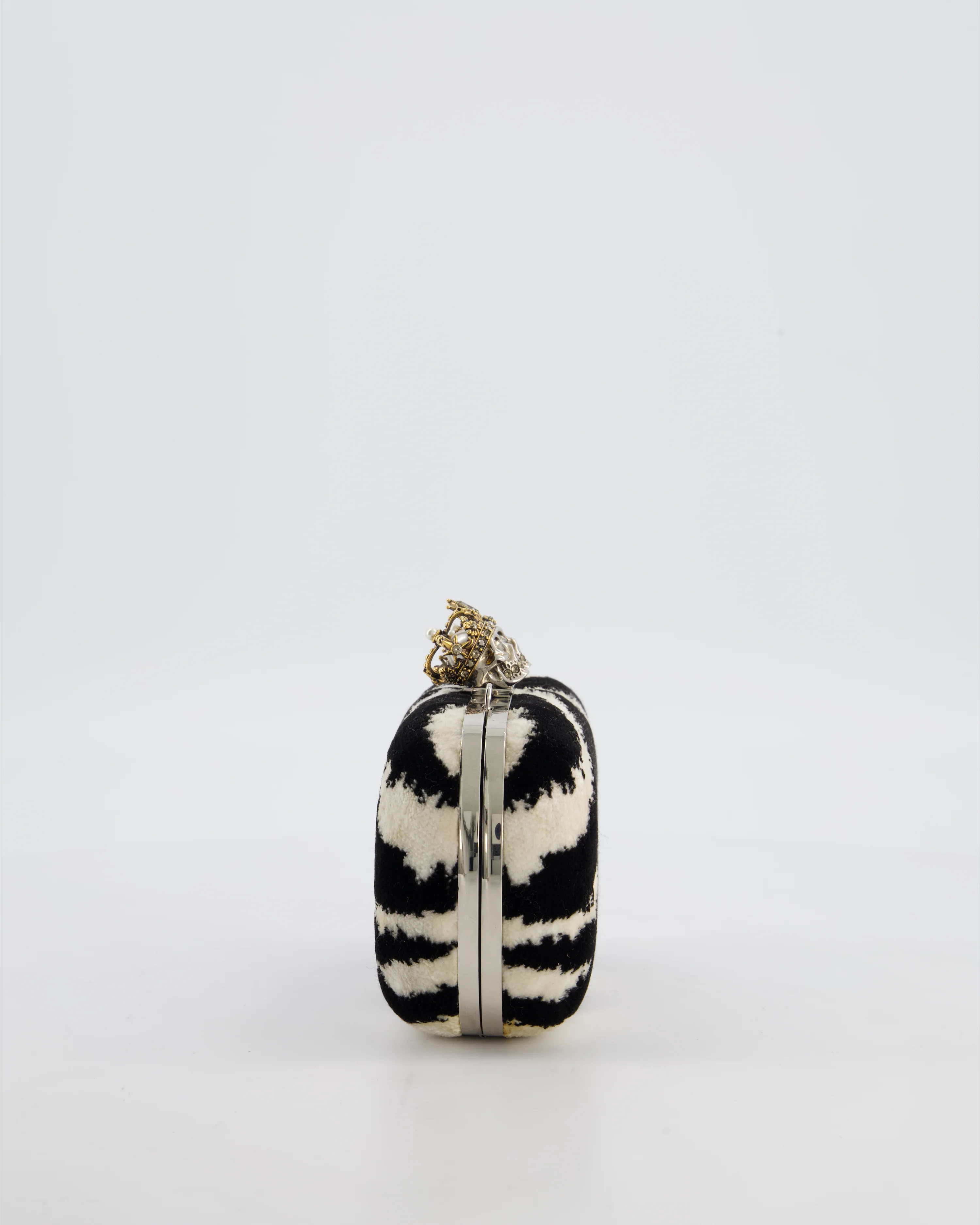 Alexander McQueen Black and White Zebra Print Skull Box Clutch Bag with Silver Hardware - Image 3