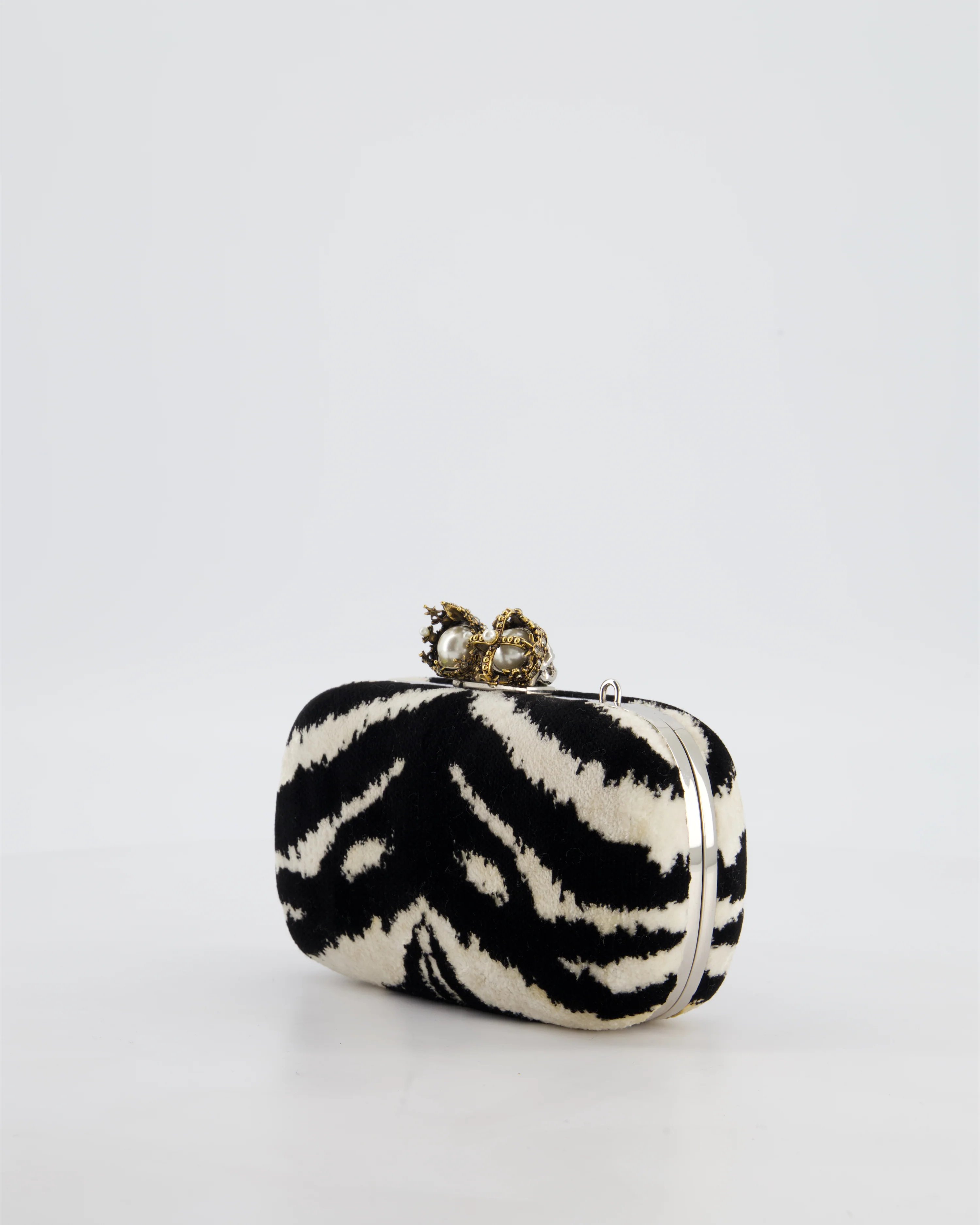 Alexander McQueen Black and White Zebra Print Skull Box Clutch Bag with Silver Hardware - Image 4