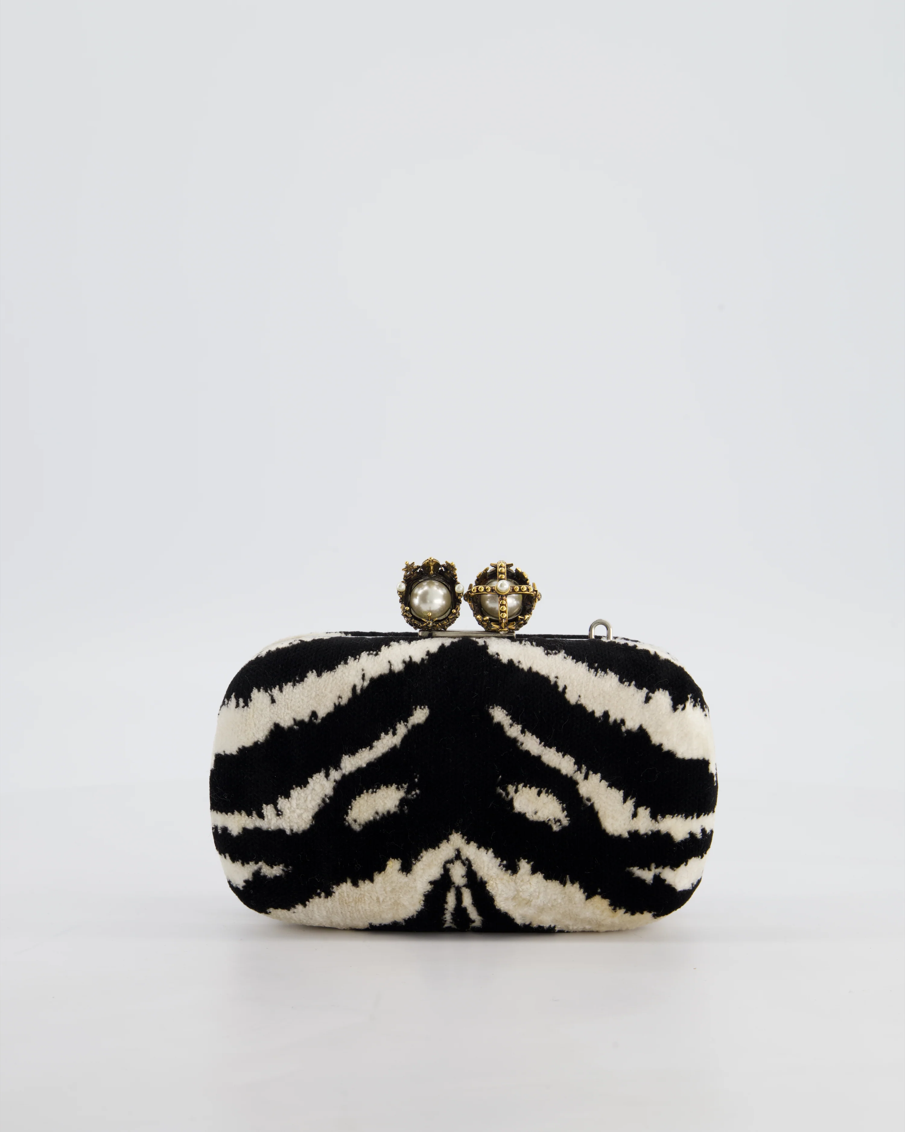Alexander McQueen Black and White Zebra Print Skull Box Clutch Bag with Silver Hardware - Image 5
