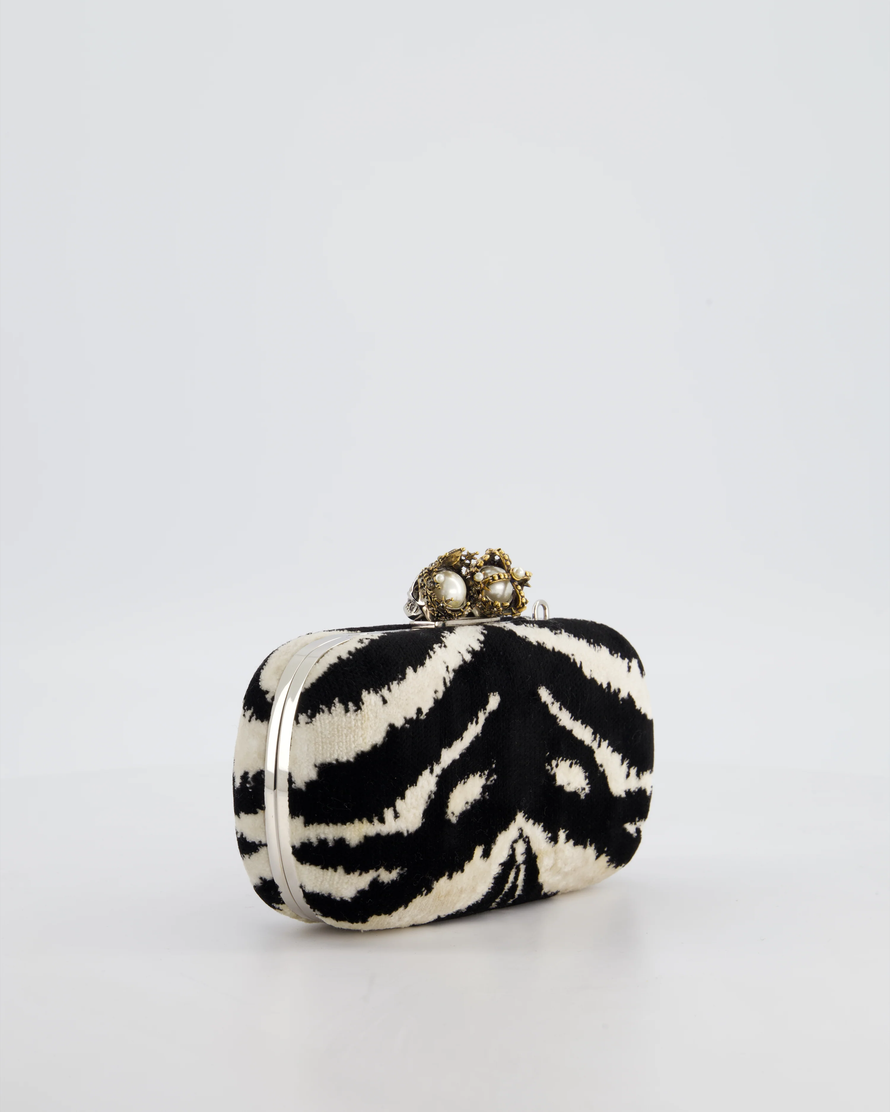 Alexander McQueen Black and White Zebra Print Skull Box Clutch Bag with Silver Hardware - Image 6