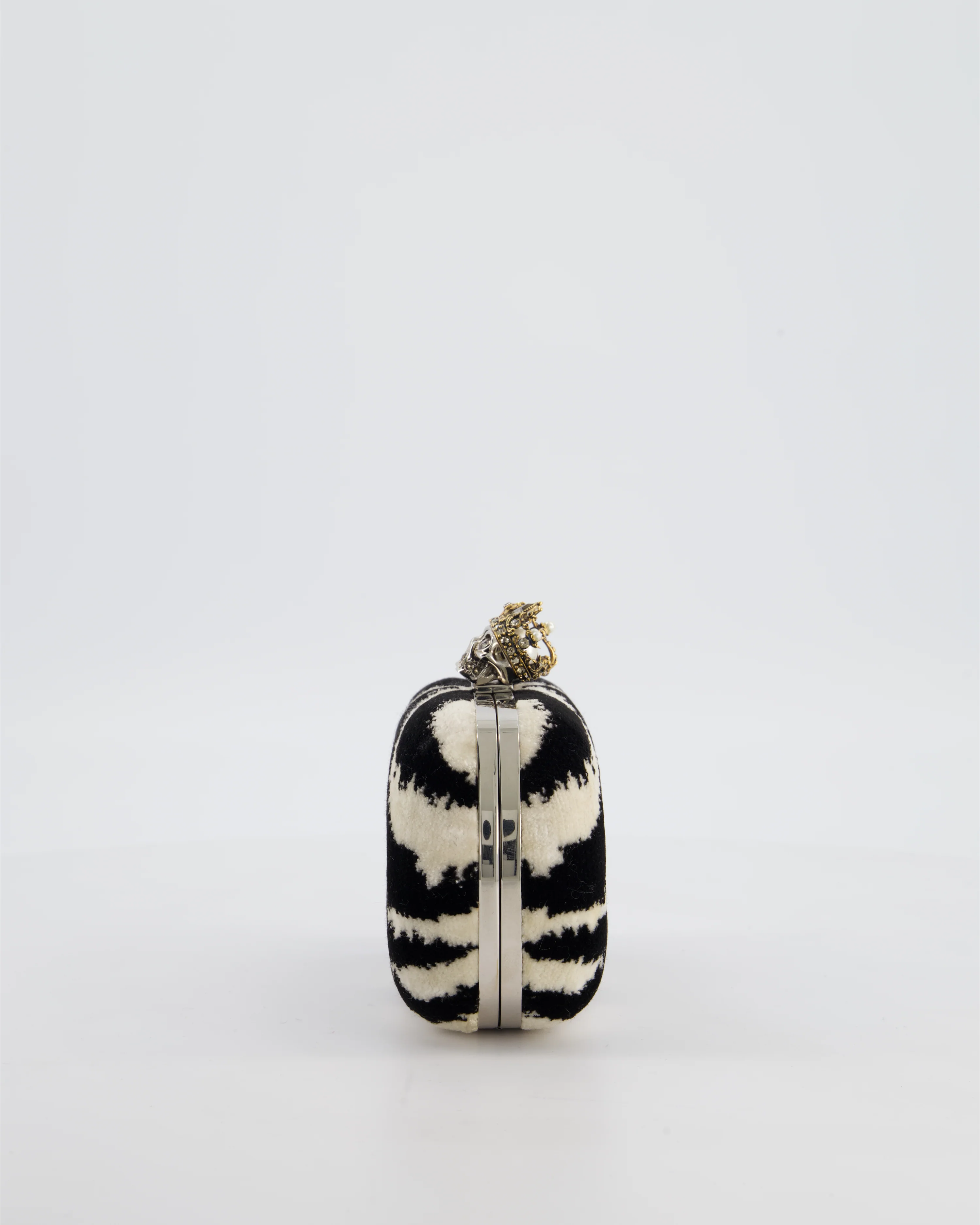 Alexander McQueen Black and White Zebra Print Skull Box Clutch Bag with Silver Hardware - Image 7