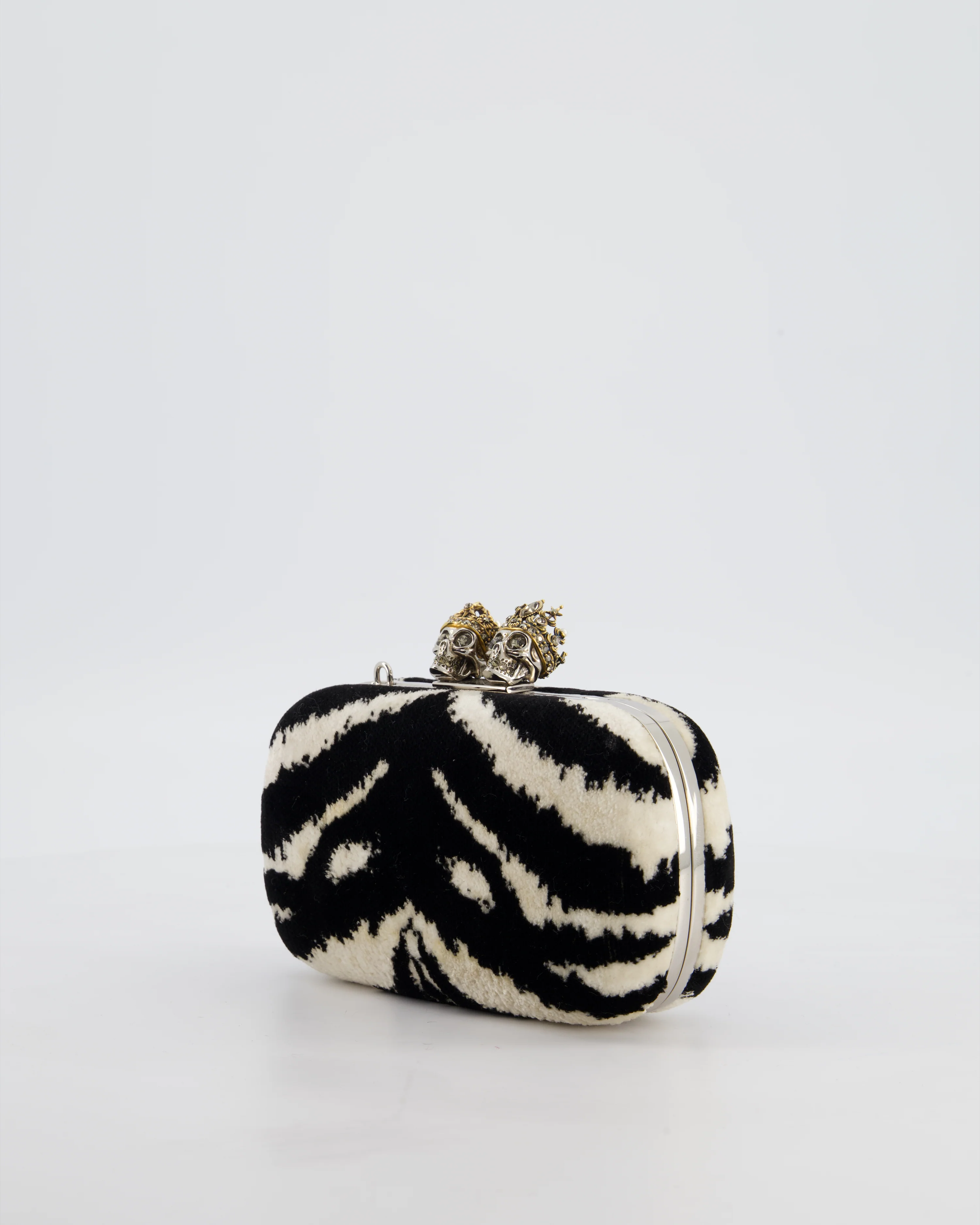 Alexander McQueen Black and White Zebra Print Skull Box Clutch Bag with Silver Hardware - Image 8