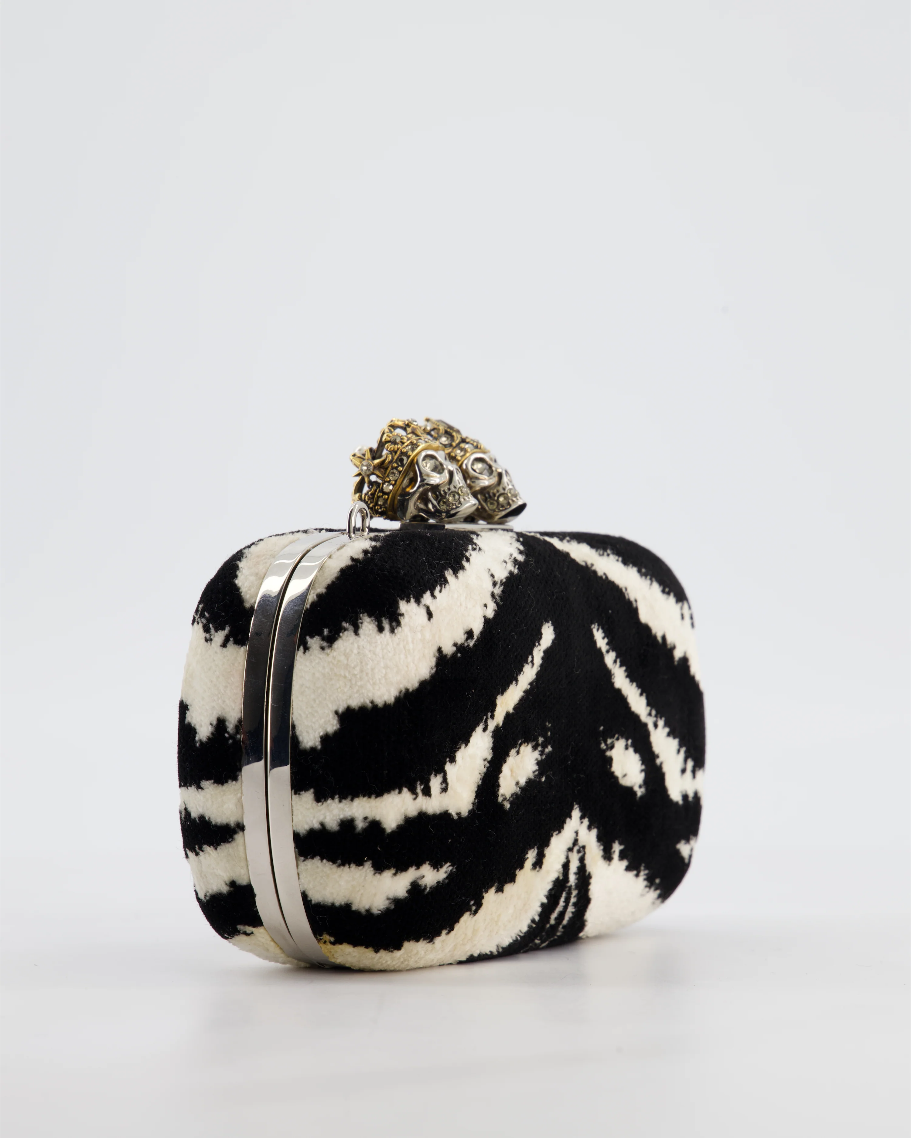 Alexander McQueen Black and White Zebra Print Skull Box Clutch Bag with Silver Hardware - Image 9