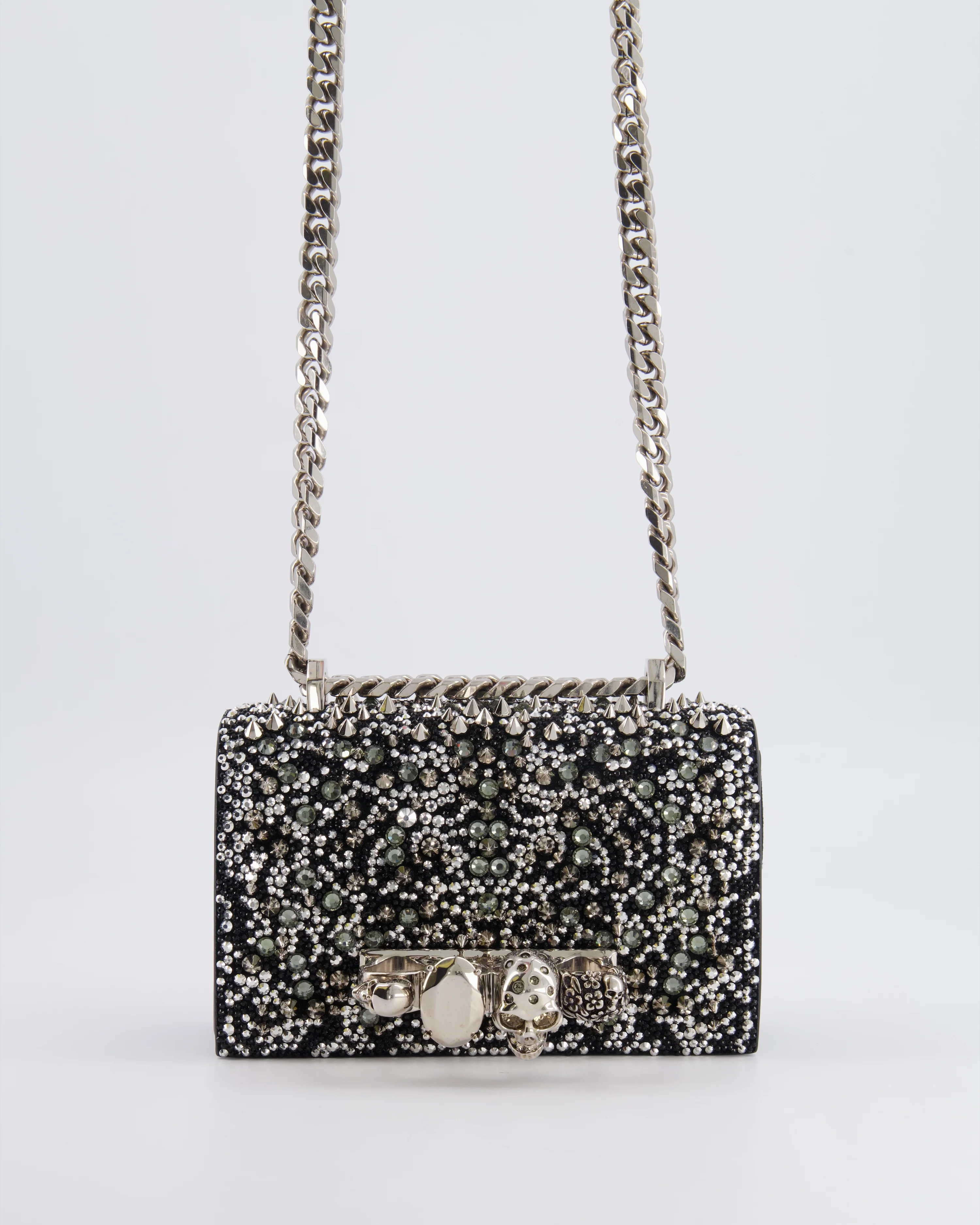 Alexander Mcqueen Black Crystal Embelished Suede Shoulder Bag with Skull and Spike Details