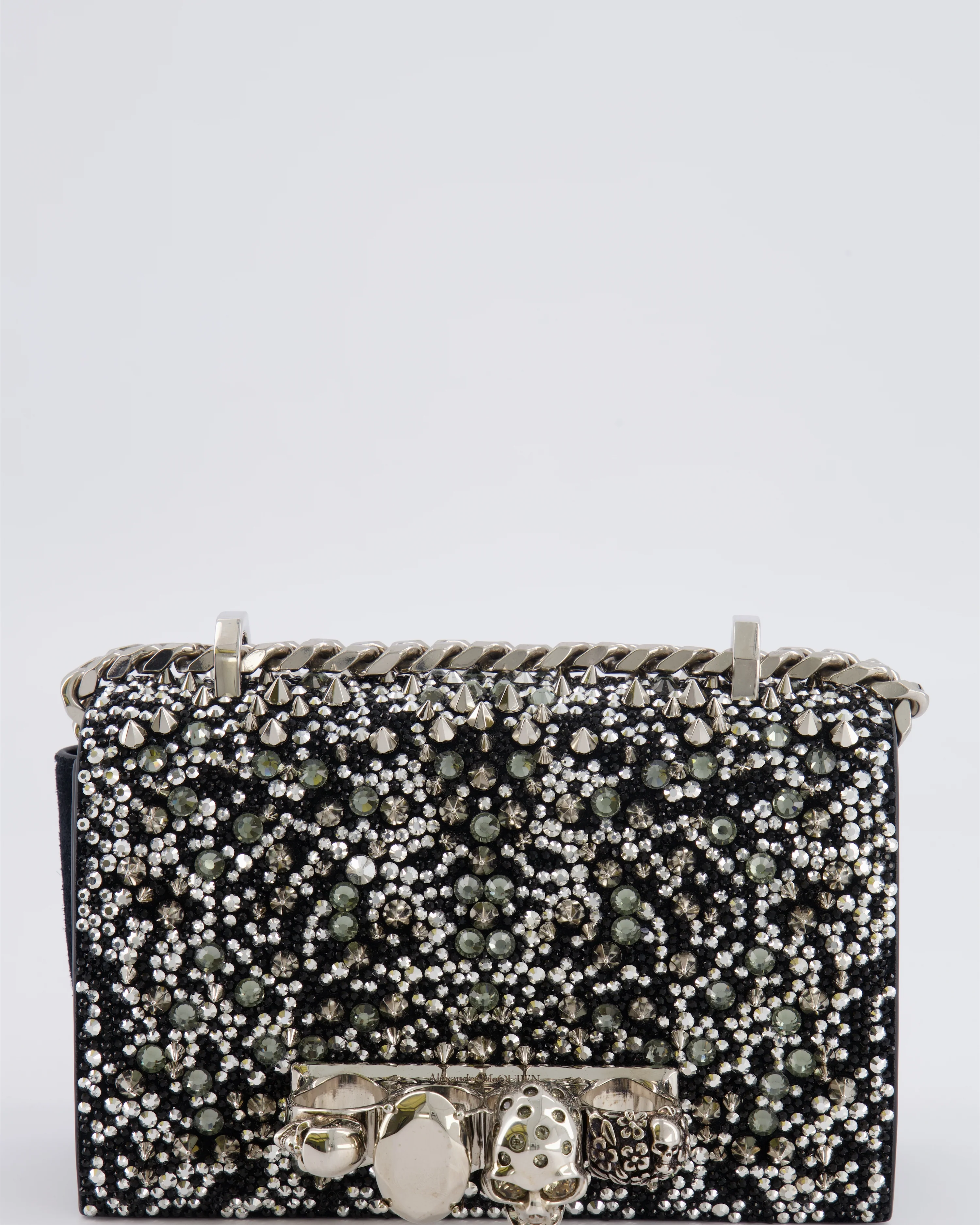 Alexander Mcqueen Black Crystal Embelished Suede Shoulder Bag with Skull and Spike Details - Image 11