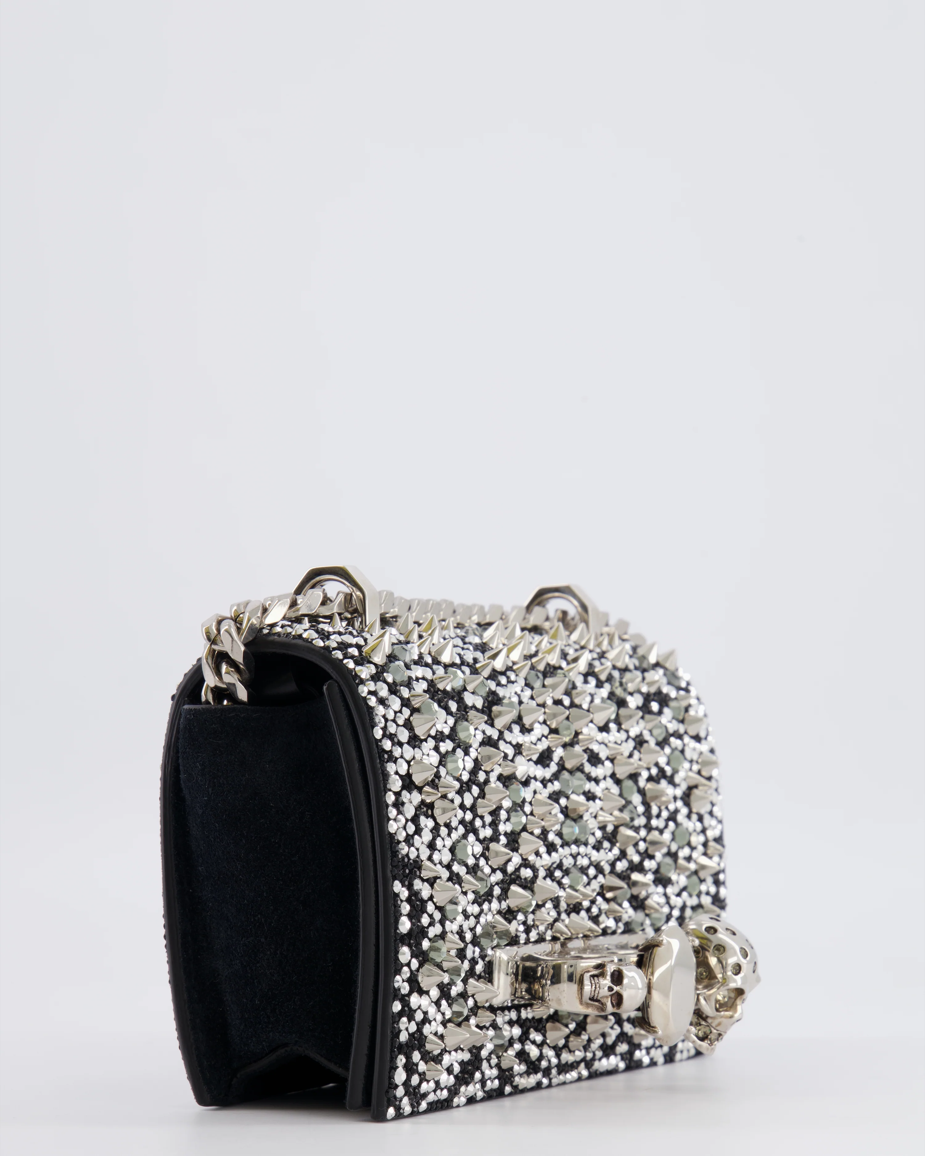 Alexander Mcqueen Black Crystal Embelished Suede Shoulder Bag with Skull and Spike Details - Image 12