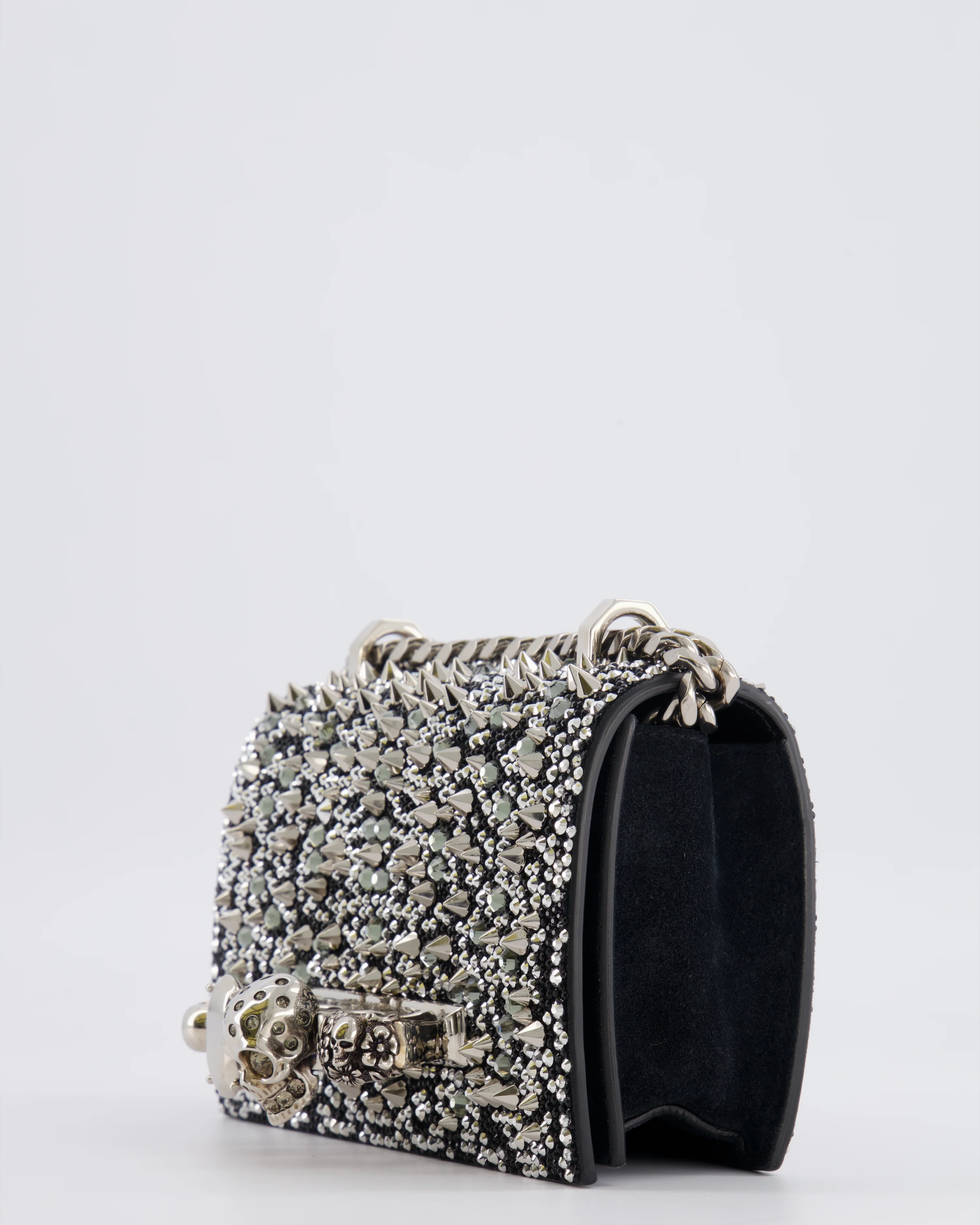 Alexander Mcqueen Black Crystal Embelished Suede Shoulder Bag with Skull and Spike Details - Image 13