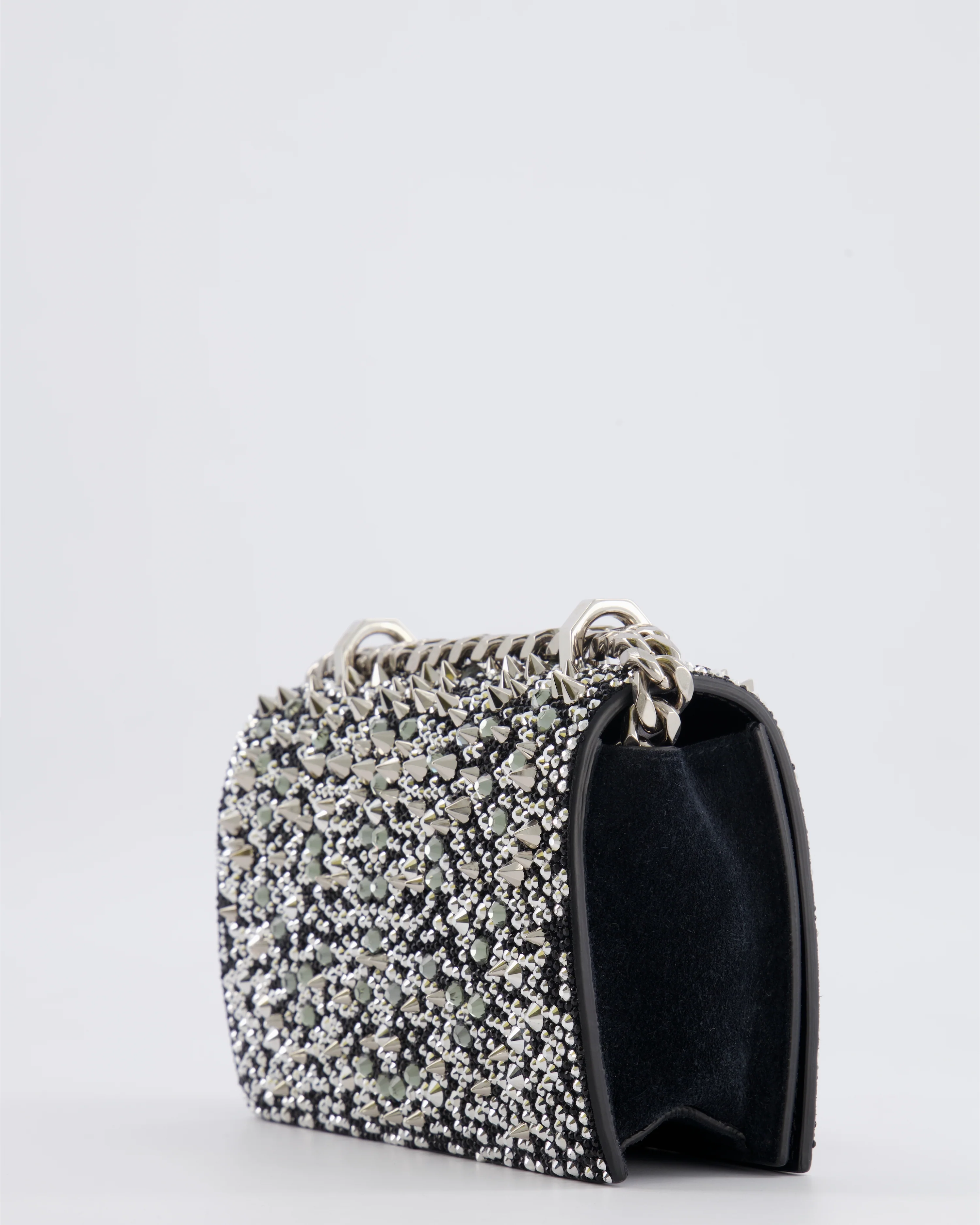 Alexander Mcqueen Black Crystal Embelished Suede Shoulder Bag with Skull and Spike Details - Image 14