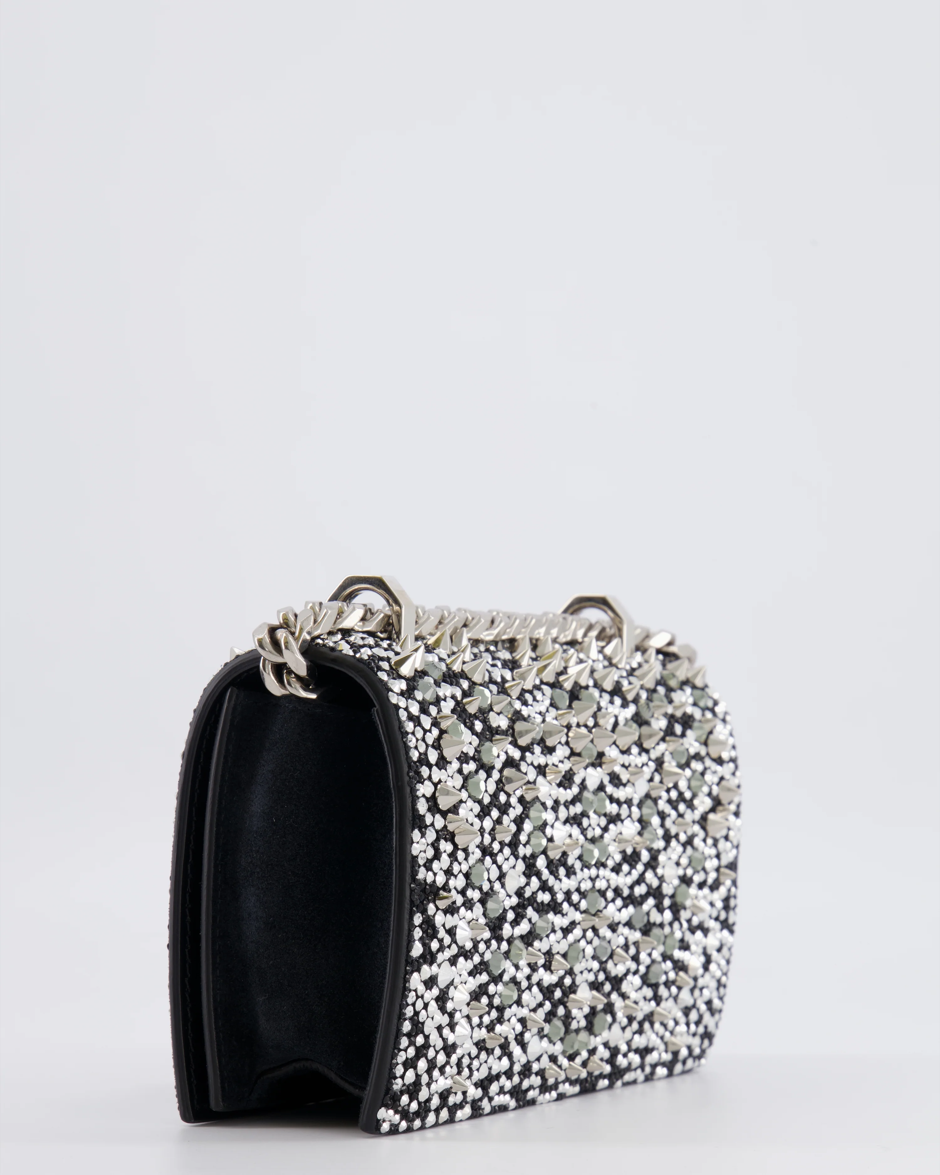 Alexander Mcqueen Black Crystal Embelished Suede Shoulder Bag with Skull and Spike Details - Image 15