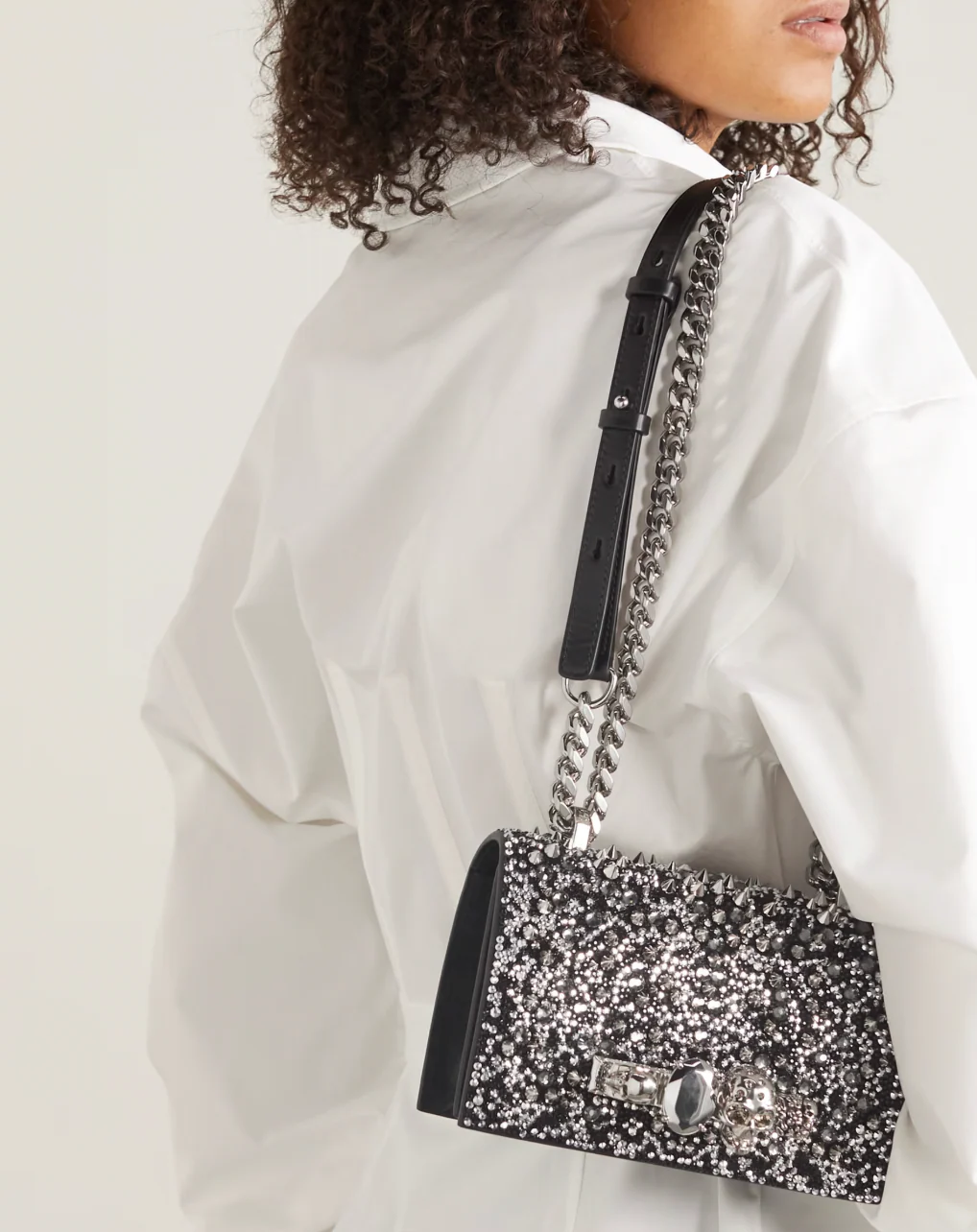 Alexander Mcqueen Black Crystal Embelished Suede Shoulder Bag with Skull and Spike Details - Image 2