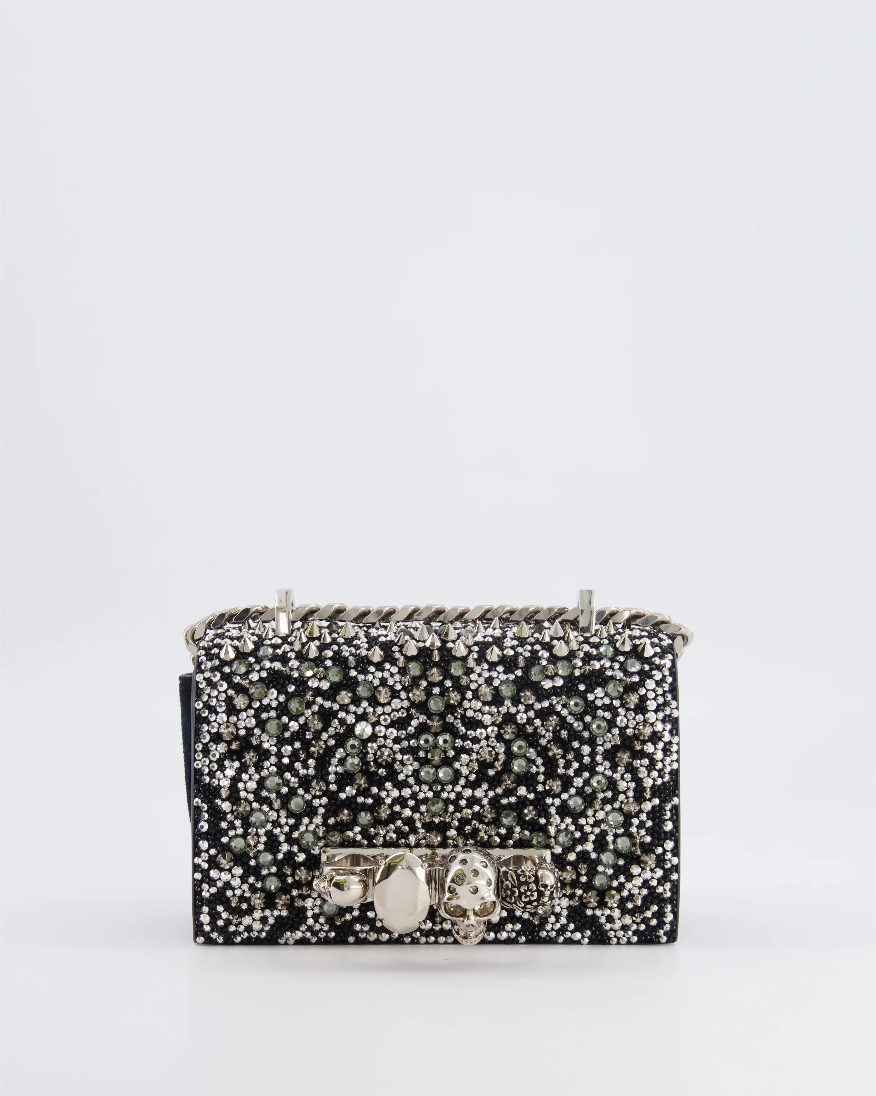 Alexander Mcqueen Black Crystal Embelished Suede Shoulder Bag with Skull and Spike Details - Image 3