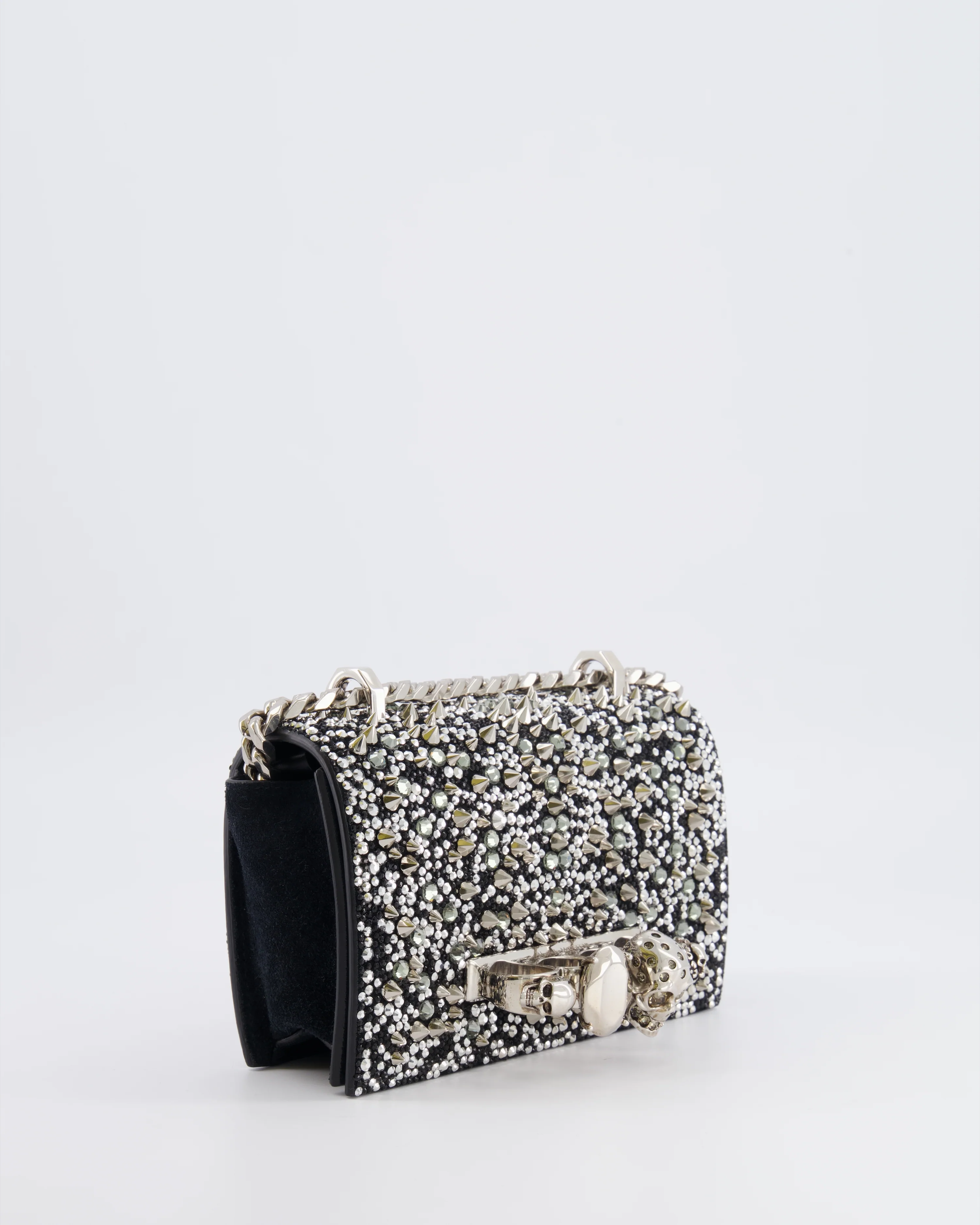 Alexander Mcqueen Black Crystal Embelished Suede Shoulder Bag with Skull and Spike Details - Image 4