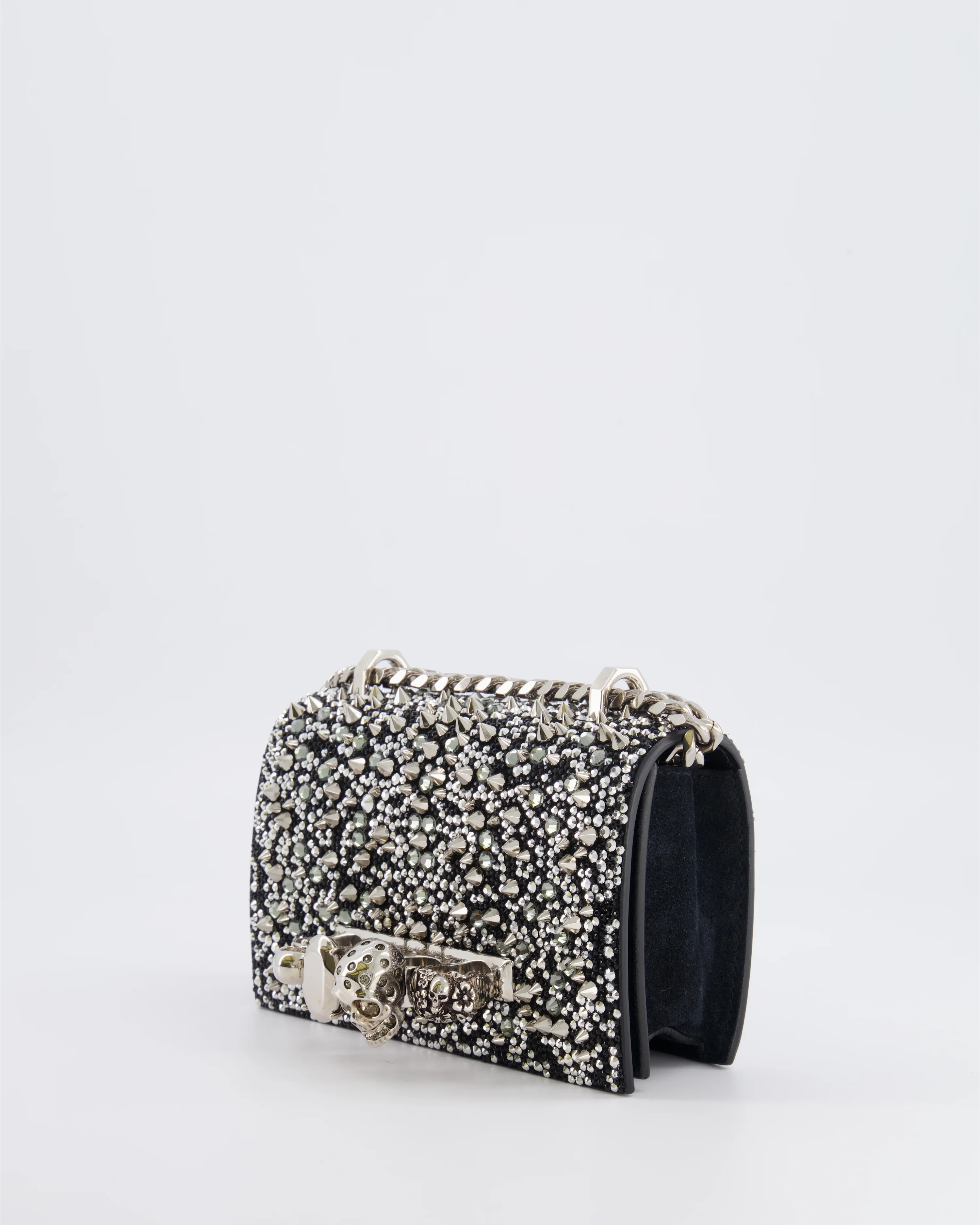 Alexander Mcqueen Black Crystal Embelished Suede Shoulder Bag with Skull and Spike Details - Image 5
