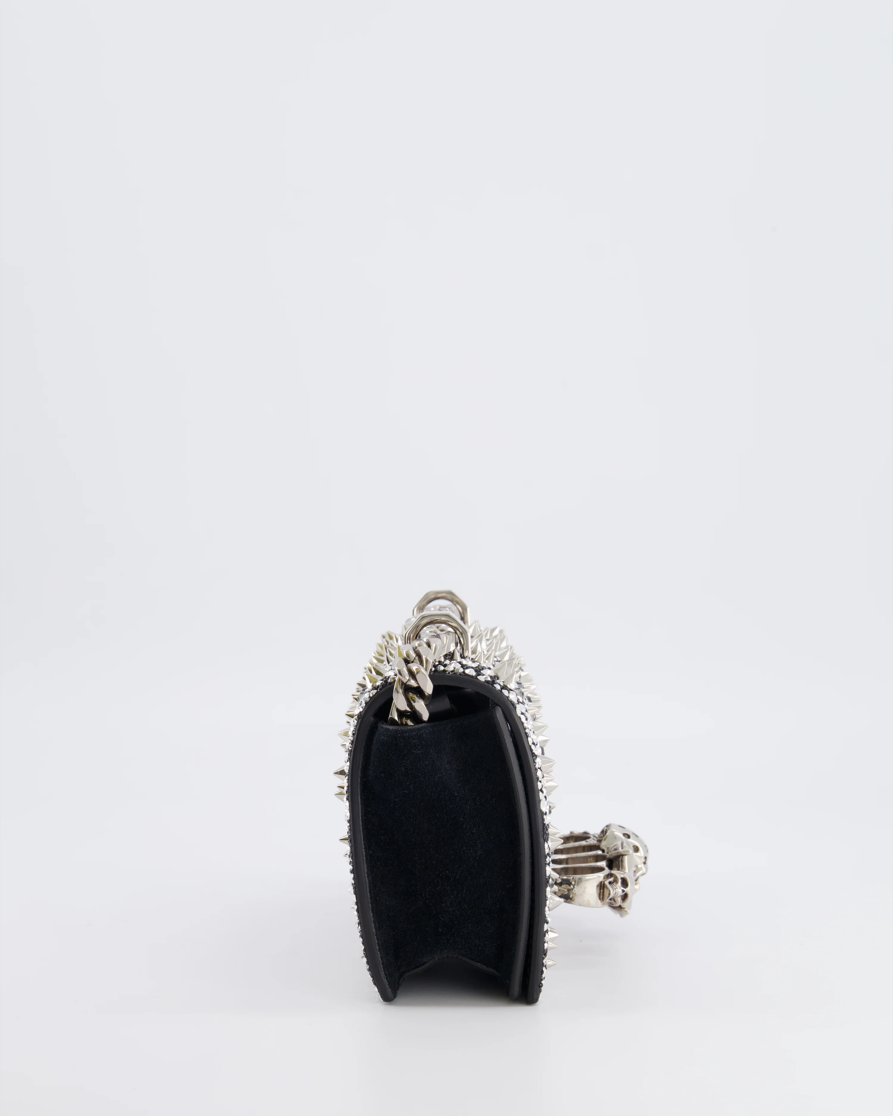 Alexander Mcqueen Black Crystal Embelished Suede Shoulder Bag with Skull and Spike Details - Image 6