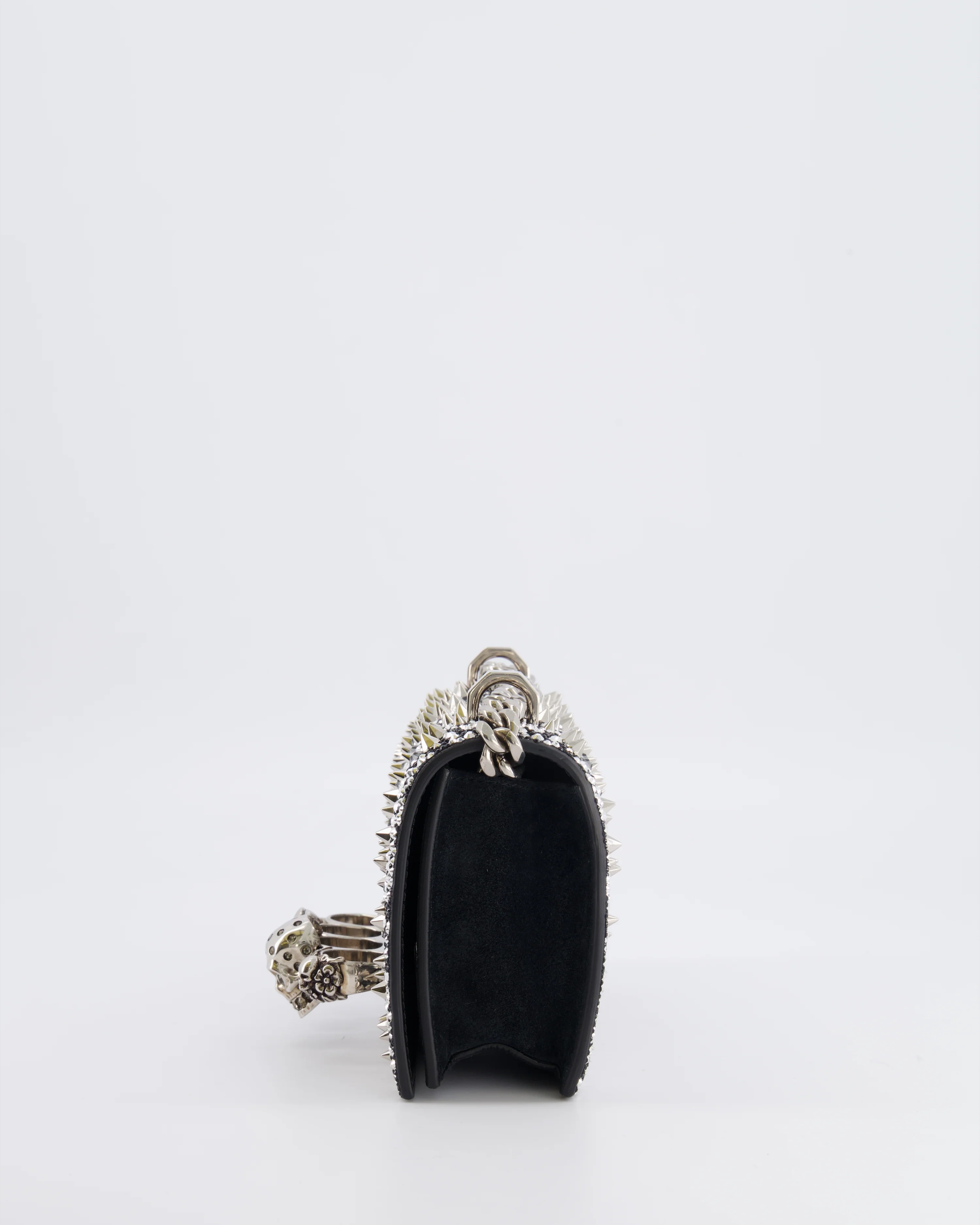 Alexander Mcqueen Black Crystal Embelished Suede Shoulder Bag with Skull and Spike Details - Image 7