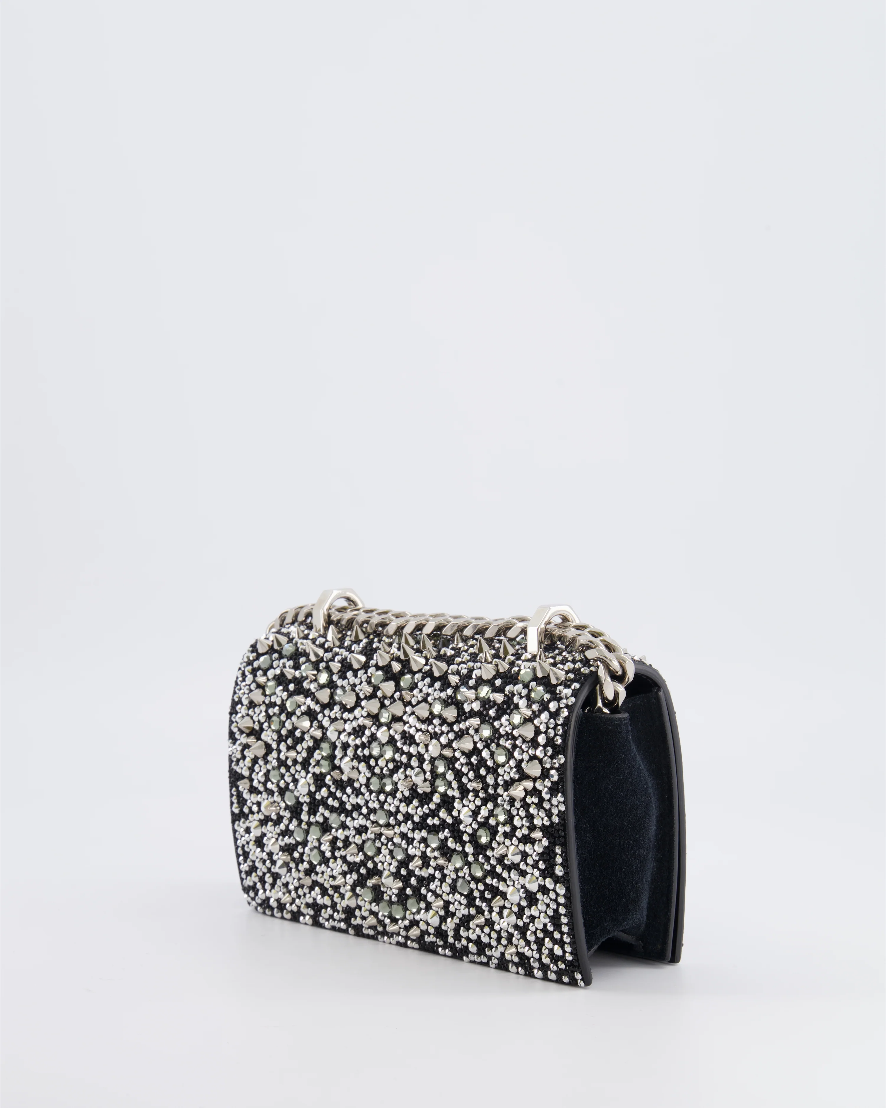 Alexander Mcqueen Black Crystal Embelished Suede Shoulder Bag with Skull and Spike Details - Image 8